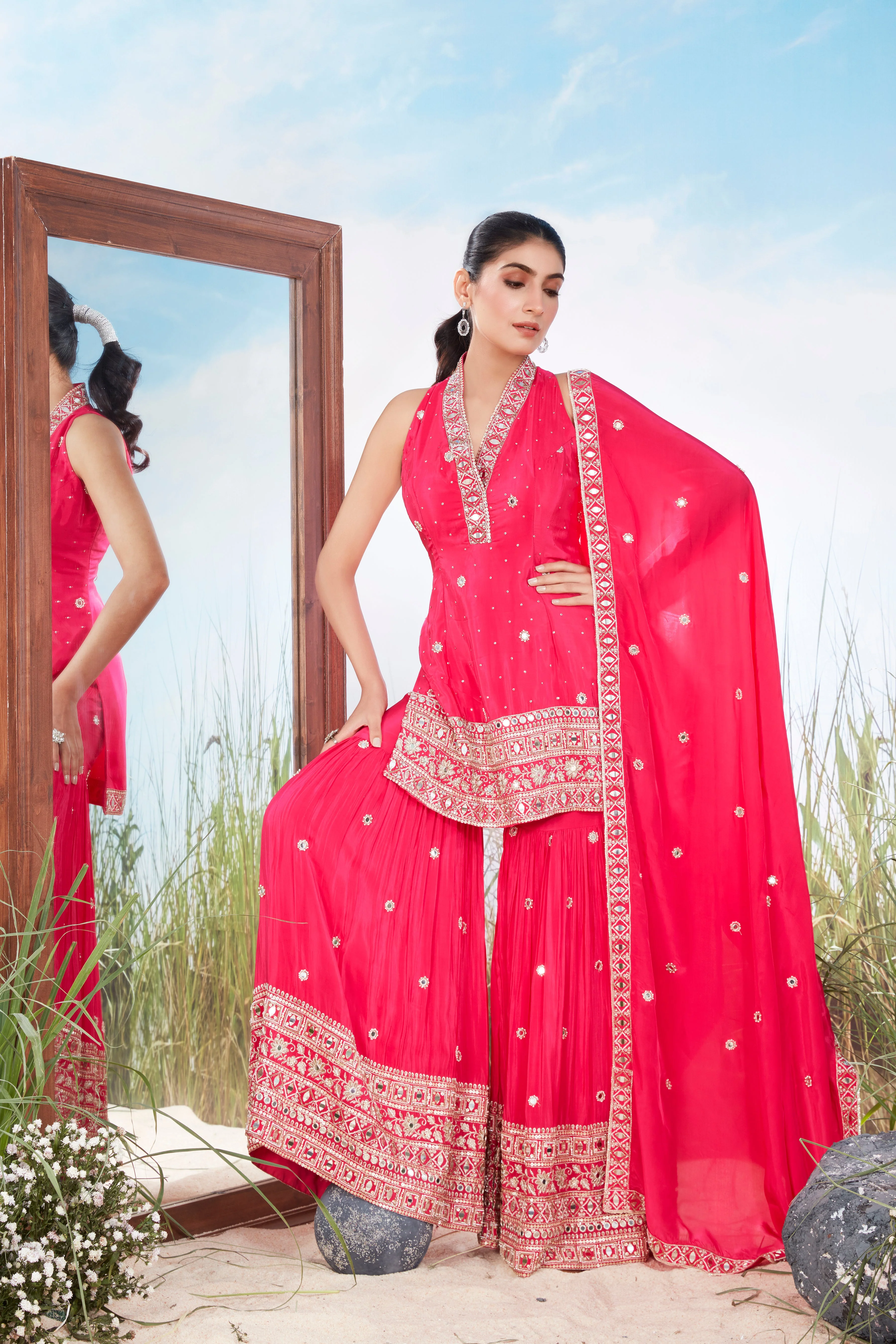 Vibrant Pink Embellished Crepe Silk Sharara Set - Image 2