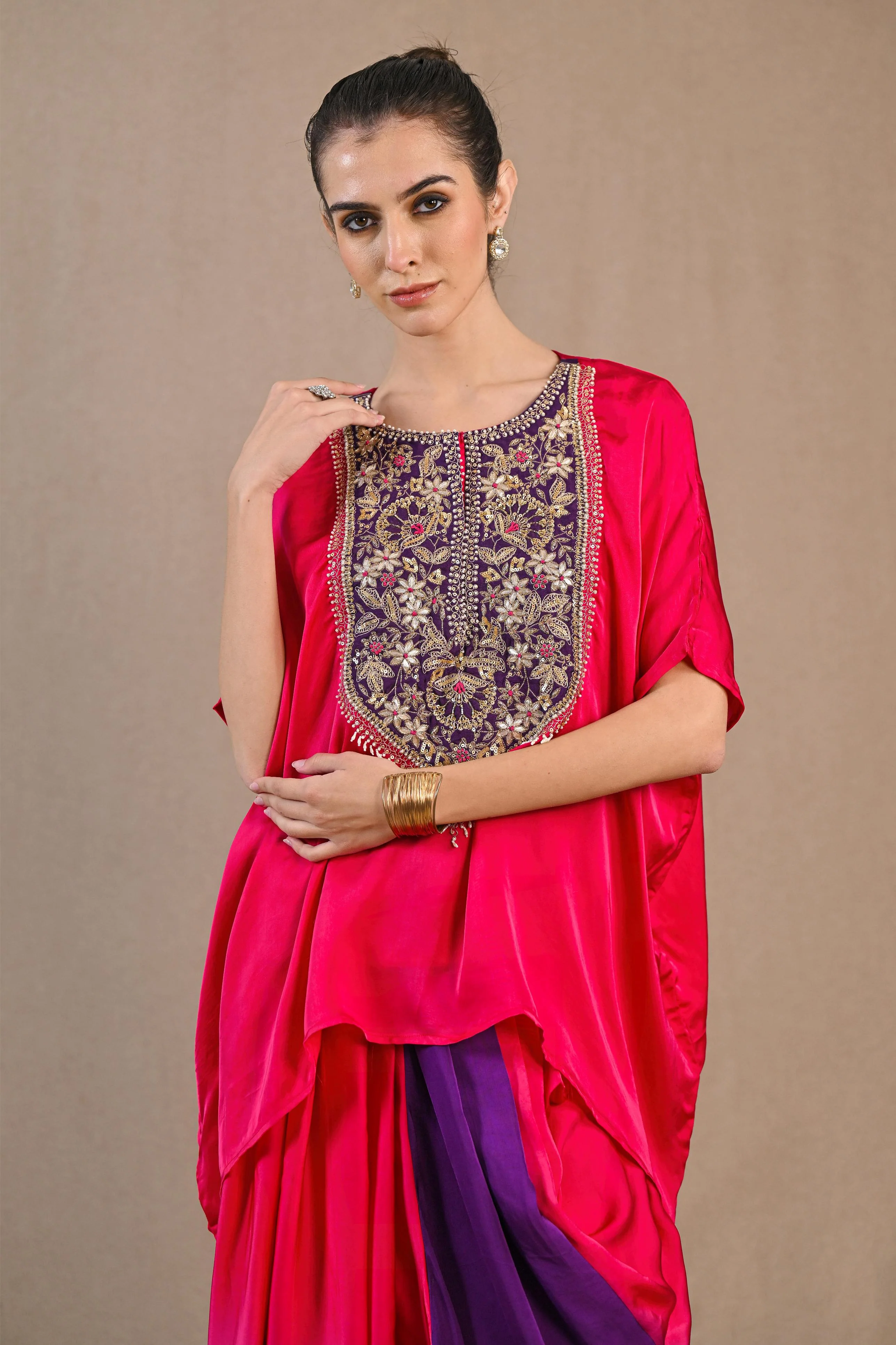 Bright Pink Ombre-Dyed Satin Silk Kaftan & Skirt Set - Image 2