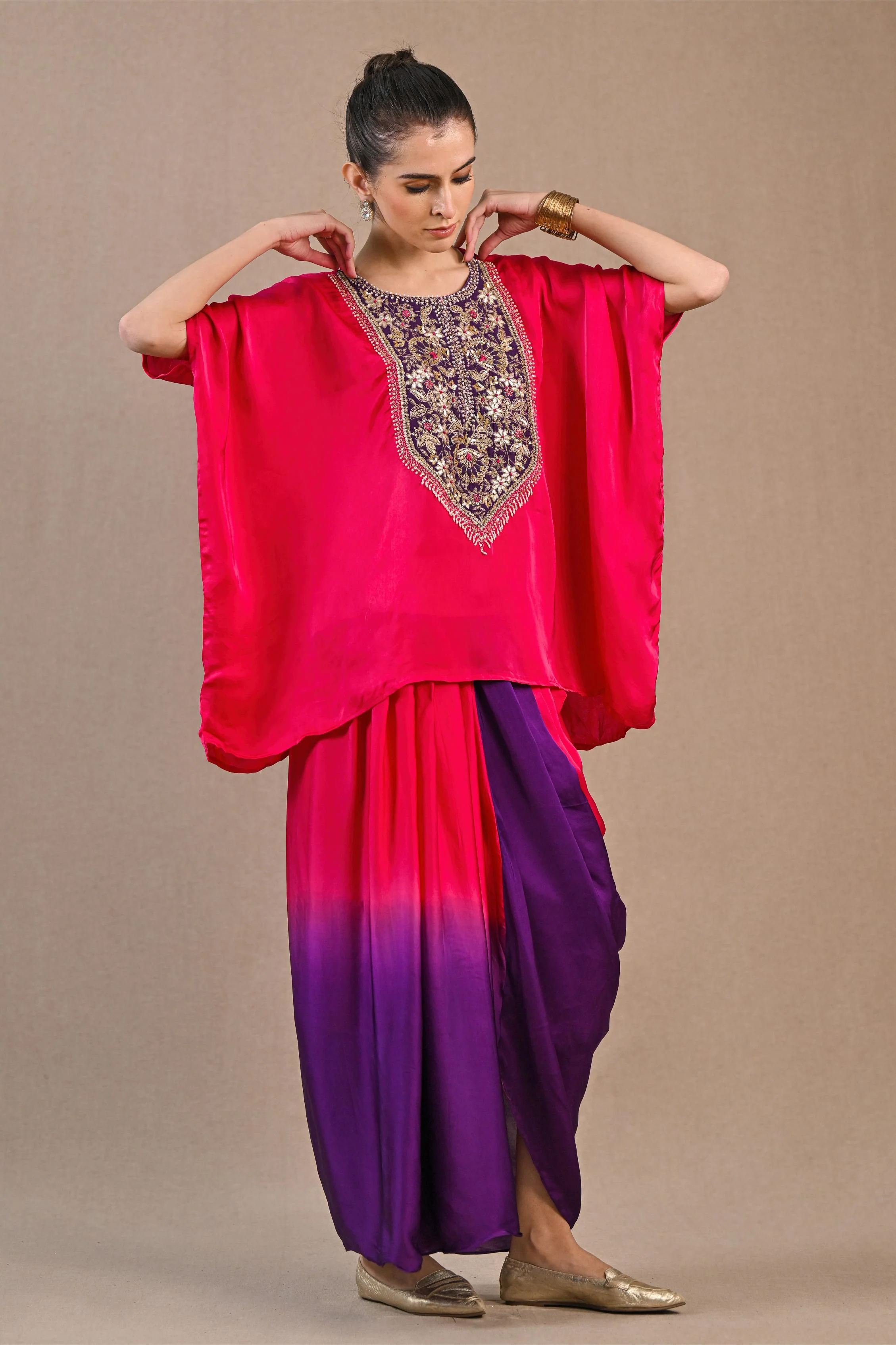 Bright Pink Ombre-Dyed Satin Silk Kaftan & Skirt Set - Image 3