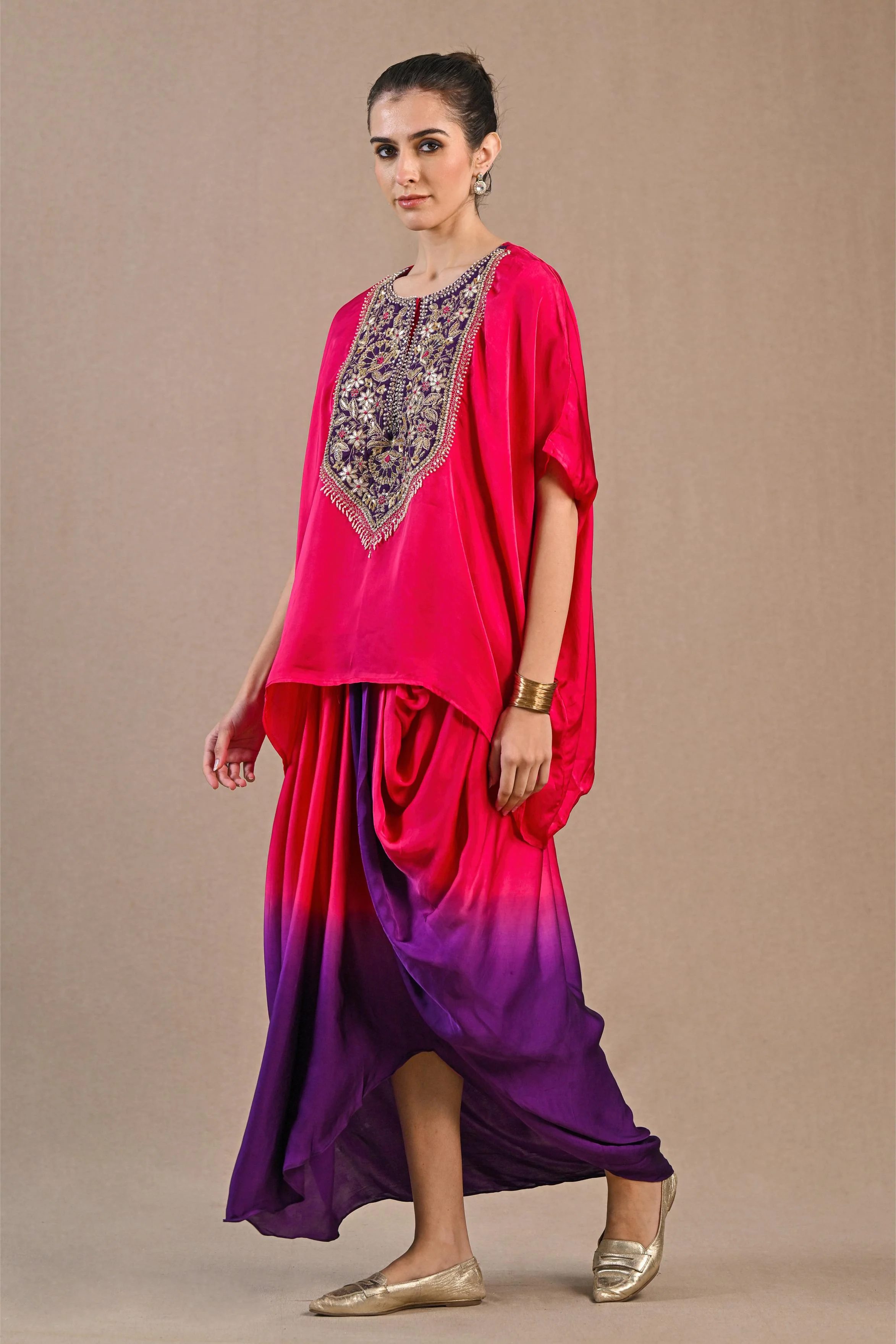 Bright Pink Ombre-Dyed Satin Silk Kaftan & Skirt Set - Image 4