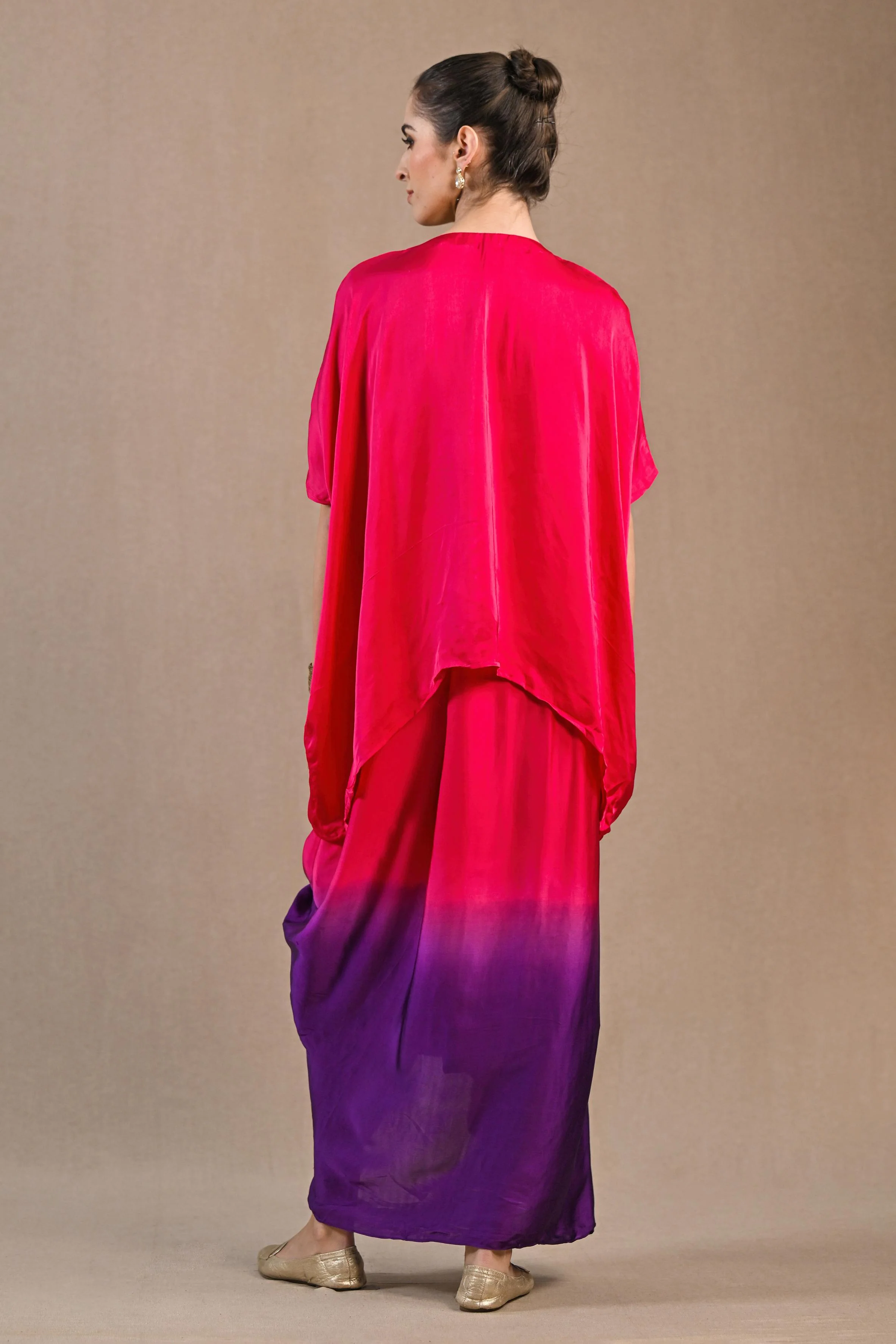 Bright Pink Ombre-Dyed Satin Silk Kaftan & Skirt Set - Image 5