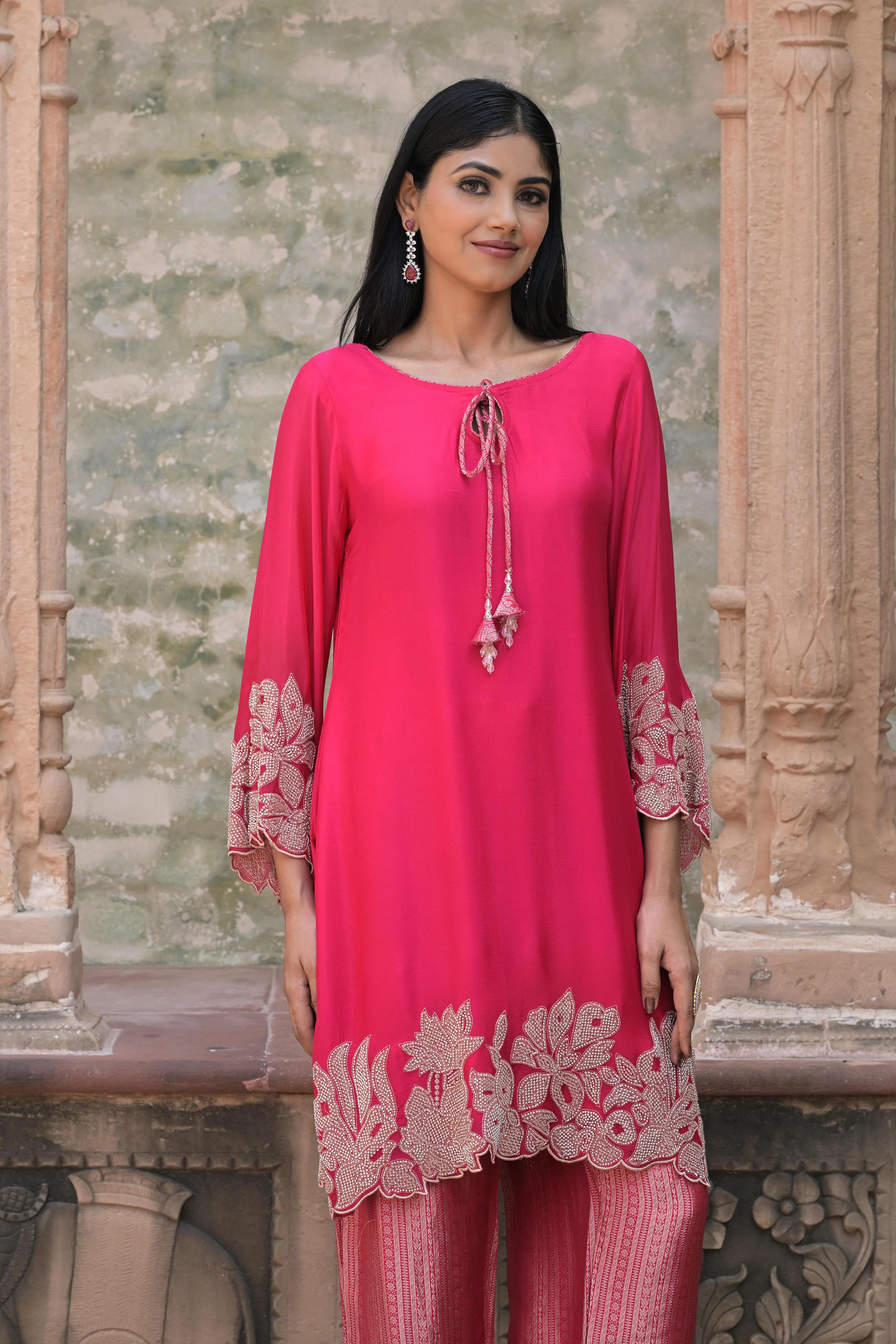 Dark Pink Embellished Chinon Silk Pant Set - Image 2