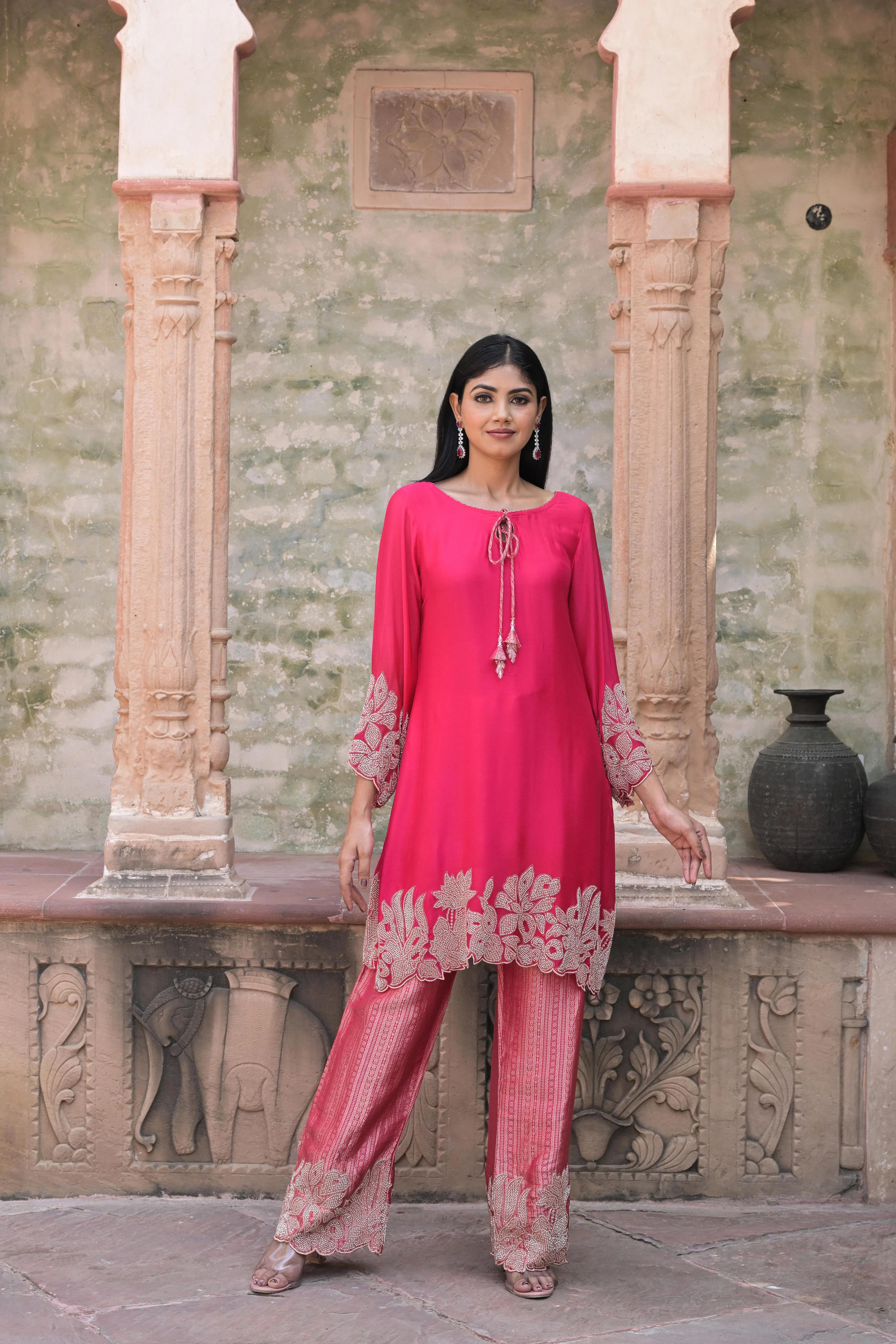 Dark Pink Embellished Chinon Silk Pant Set - Image 4