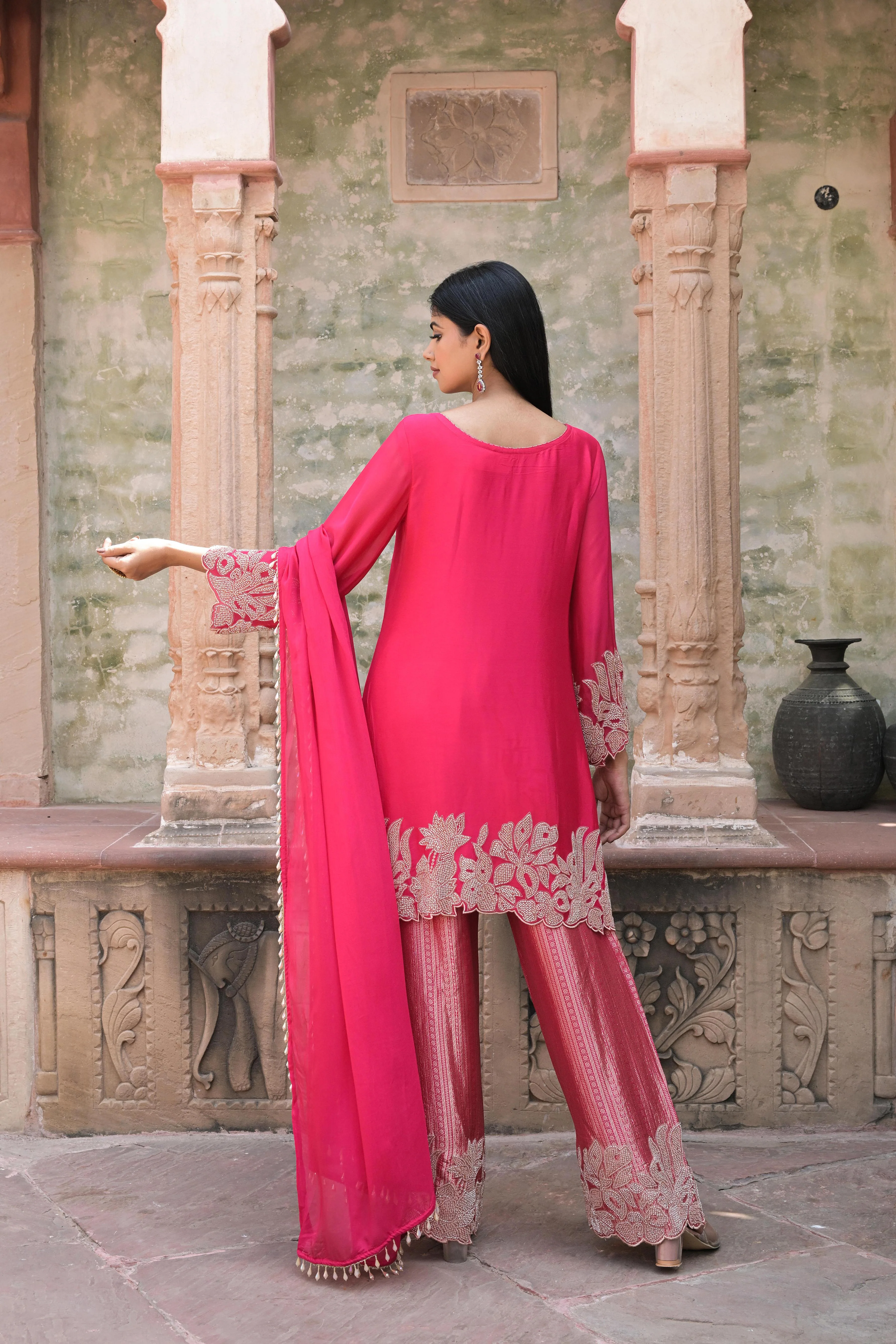 Dark Pink Embellished Chinon Silk Pant Set - Image 5