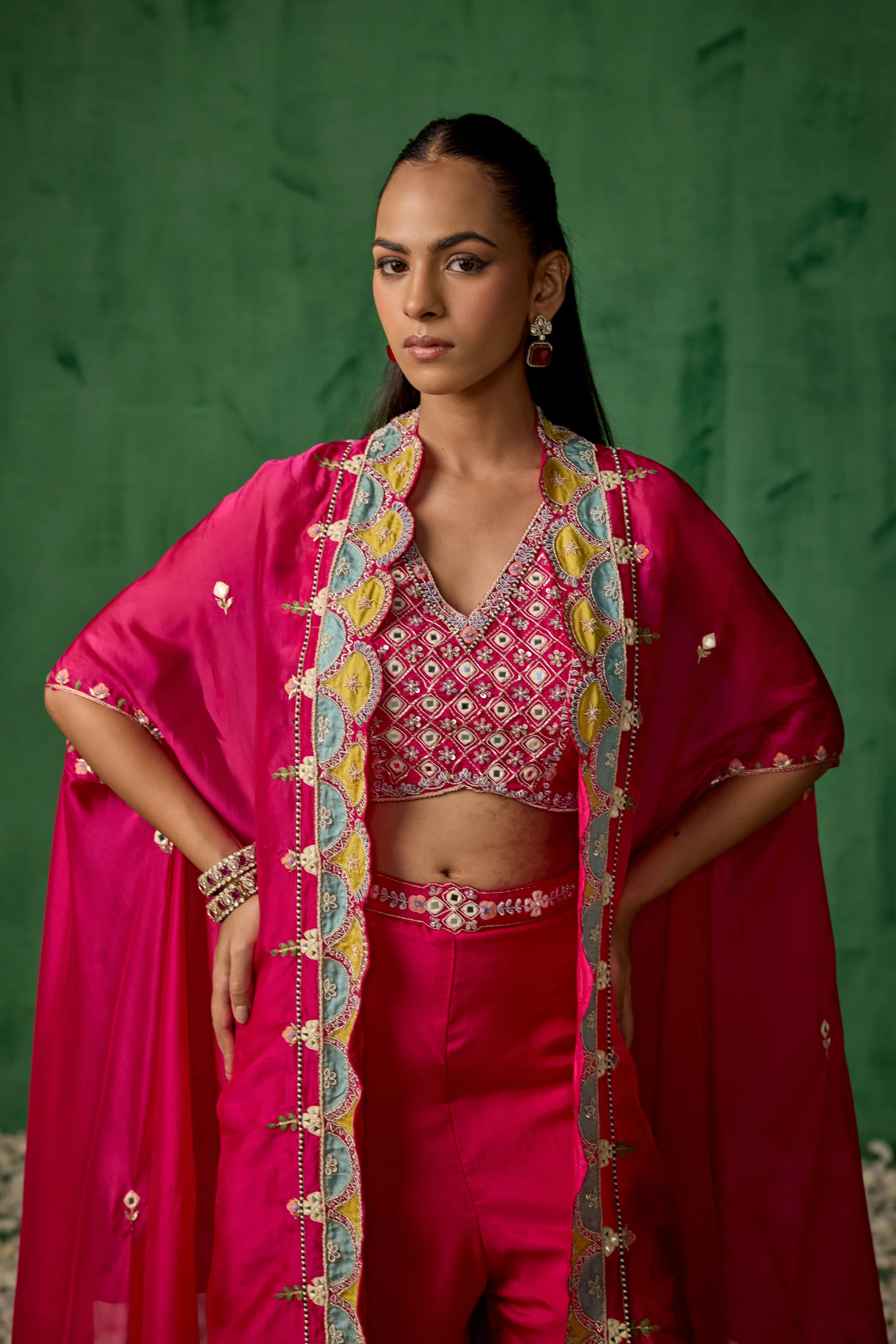Bright Pink Embellished Chinon Silk Cape Set - Image 2