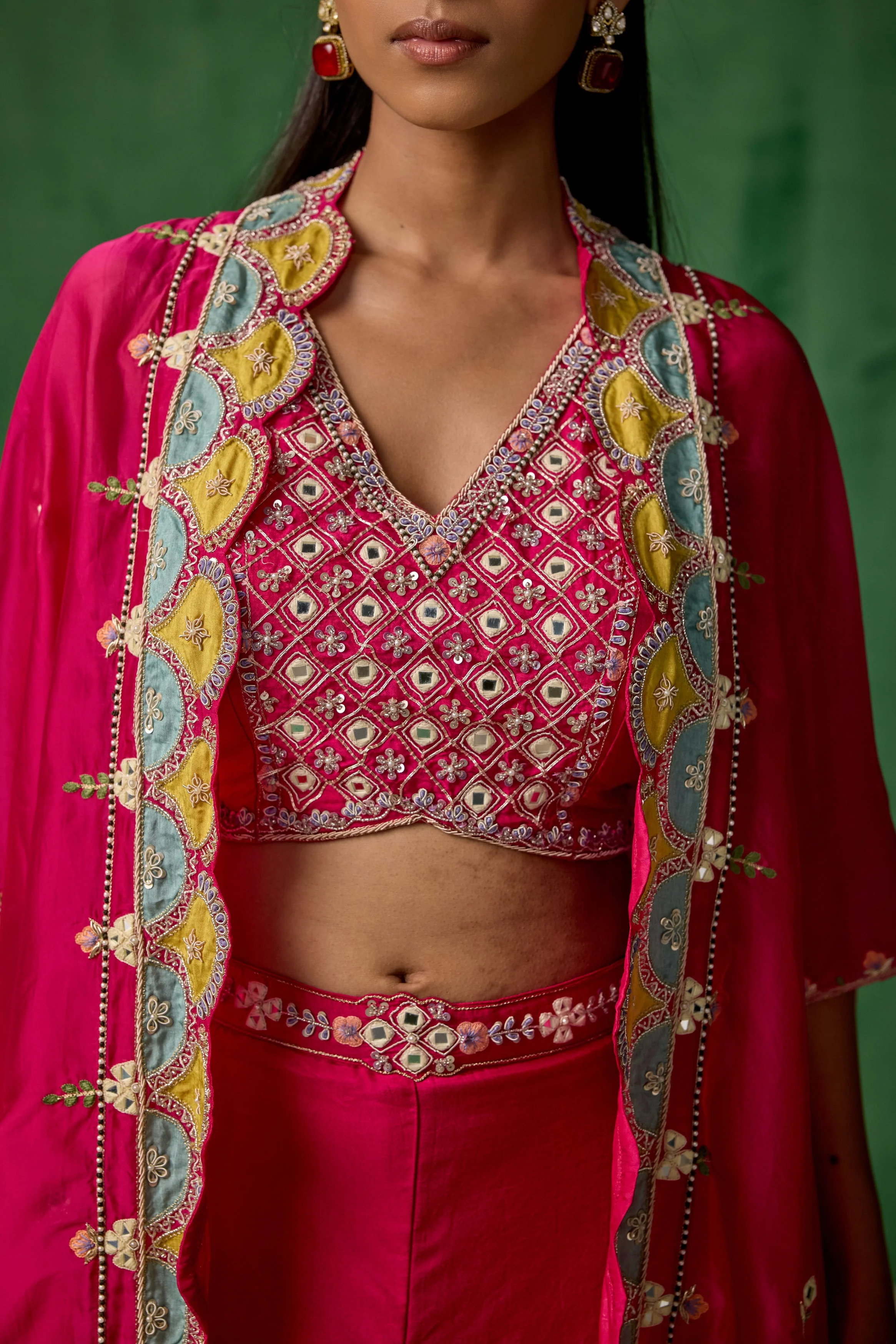 Bright Pink Embellished Chinon Silk Cape Set - Image 3