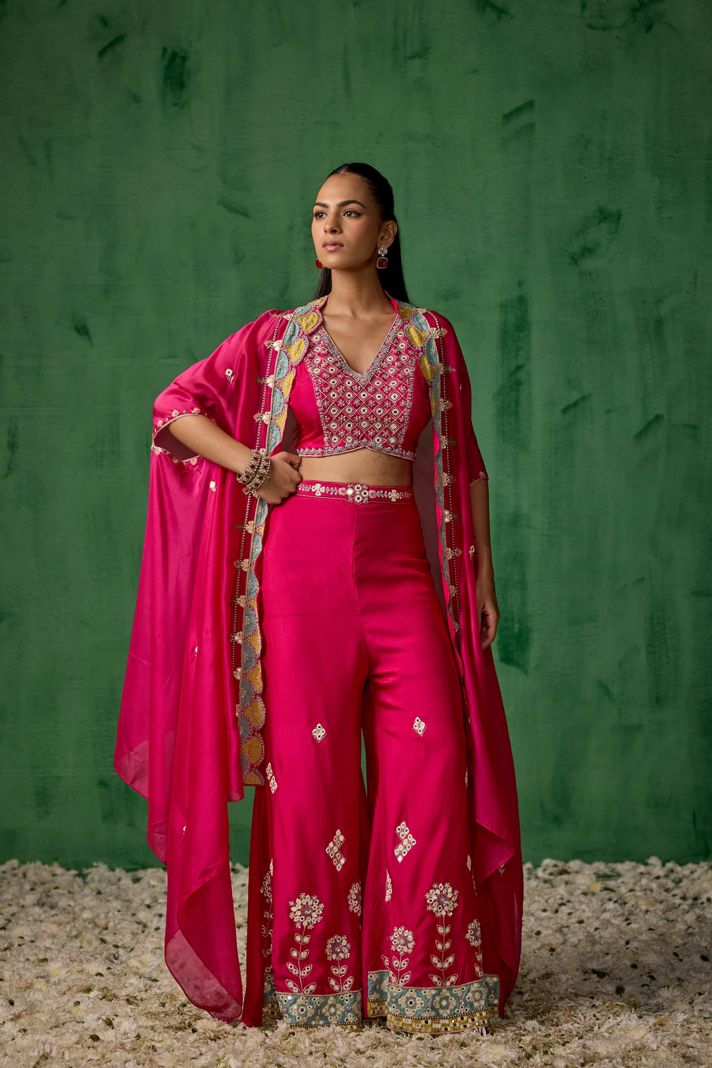 Bright Pink Embellished Chinon Silk Cape Set - Image 4
