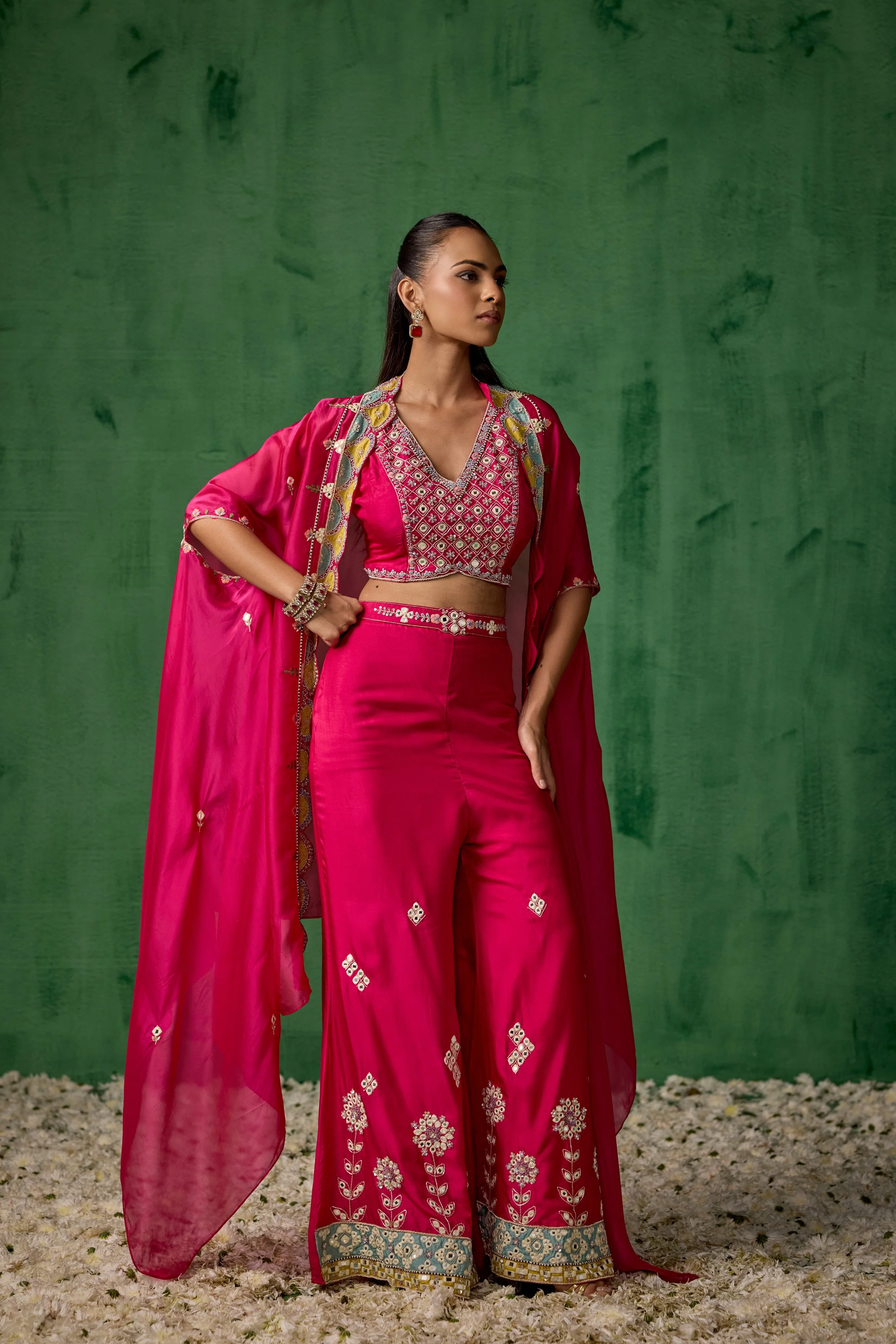 Bright Pink Embellished Chinon Silk Cape Set - Image 5