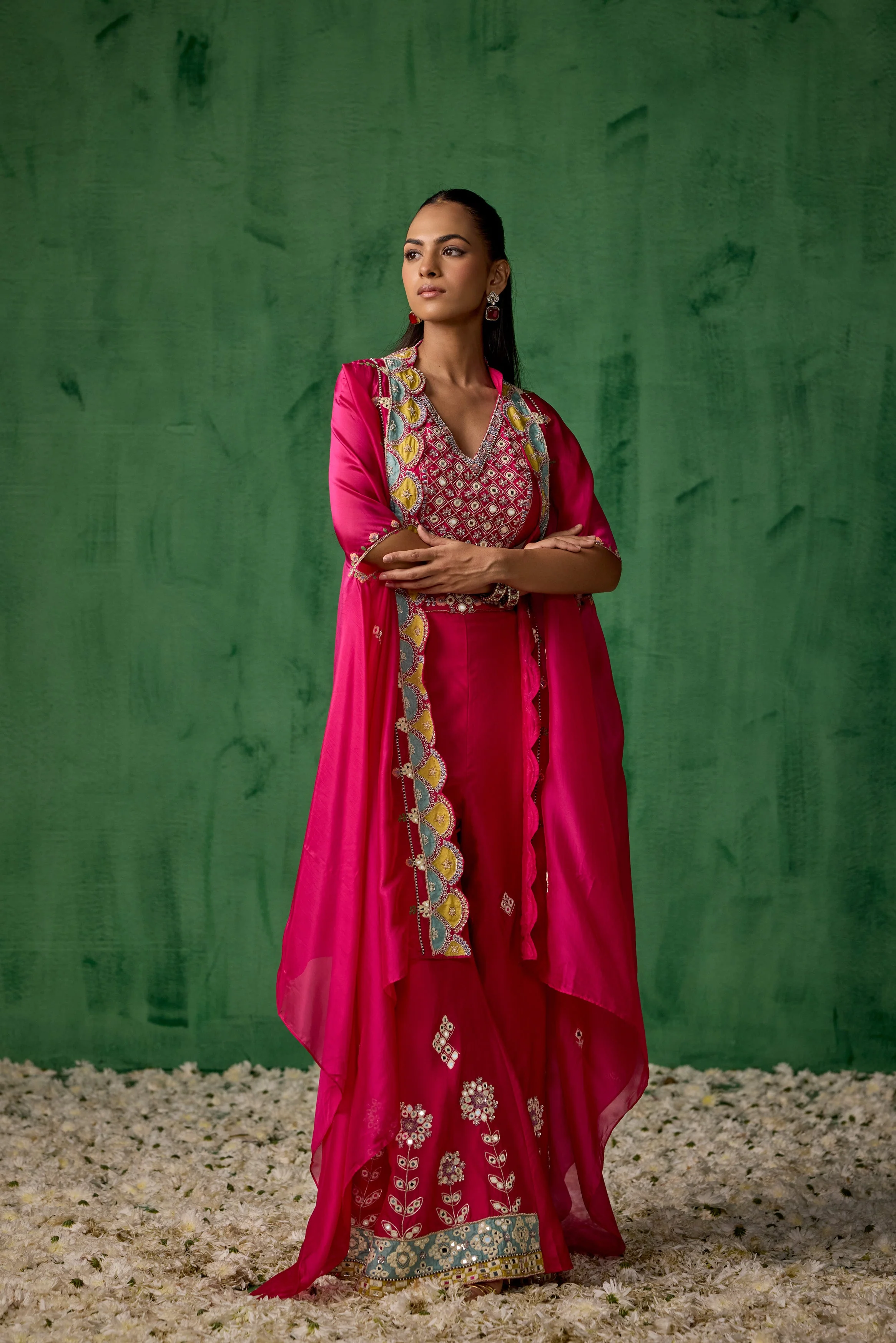 Bright Pink Embellished Chinon Silk Cape Set - Image 6