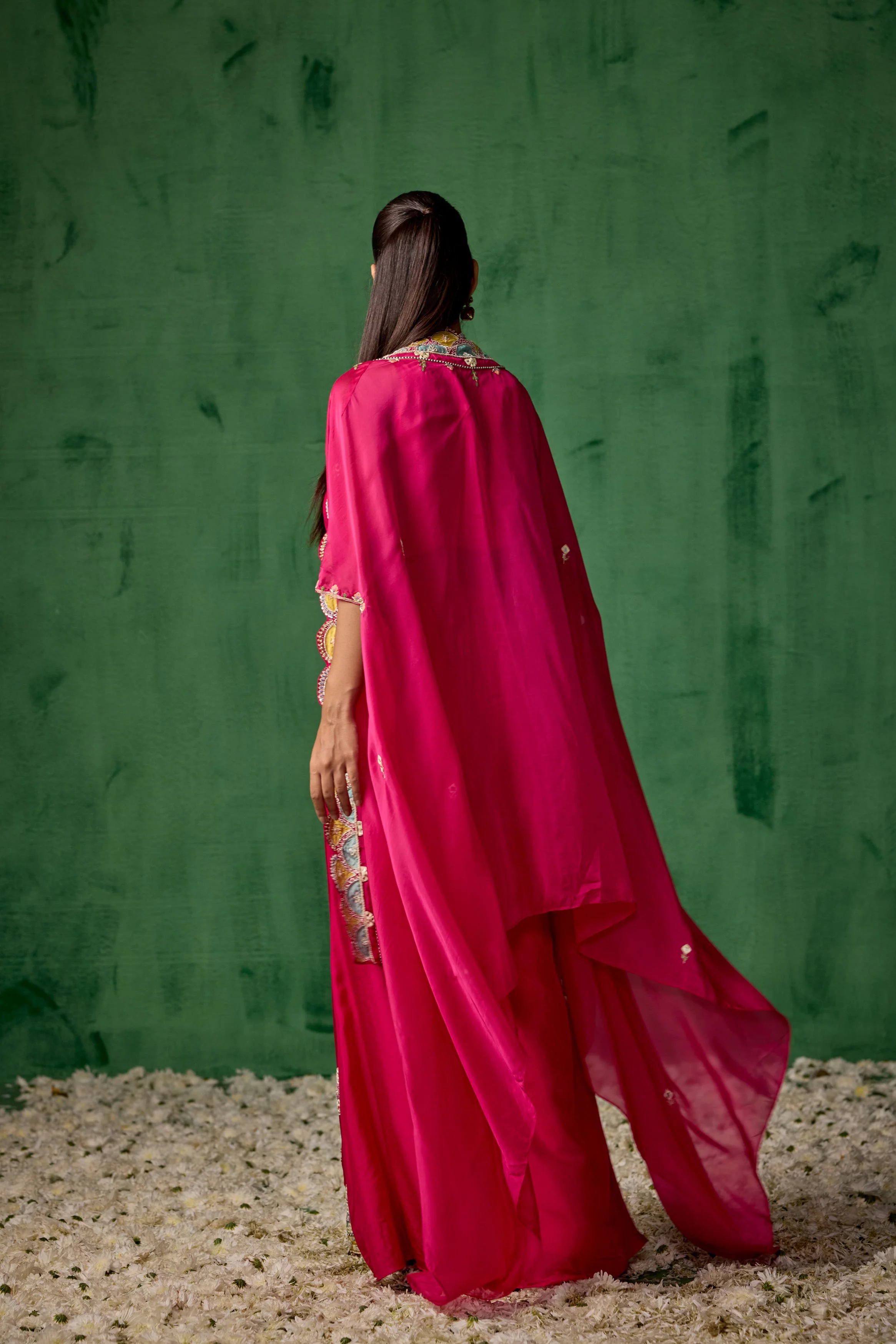 Bright Pink Embellished Chinon Silk Cape Set - Image 7