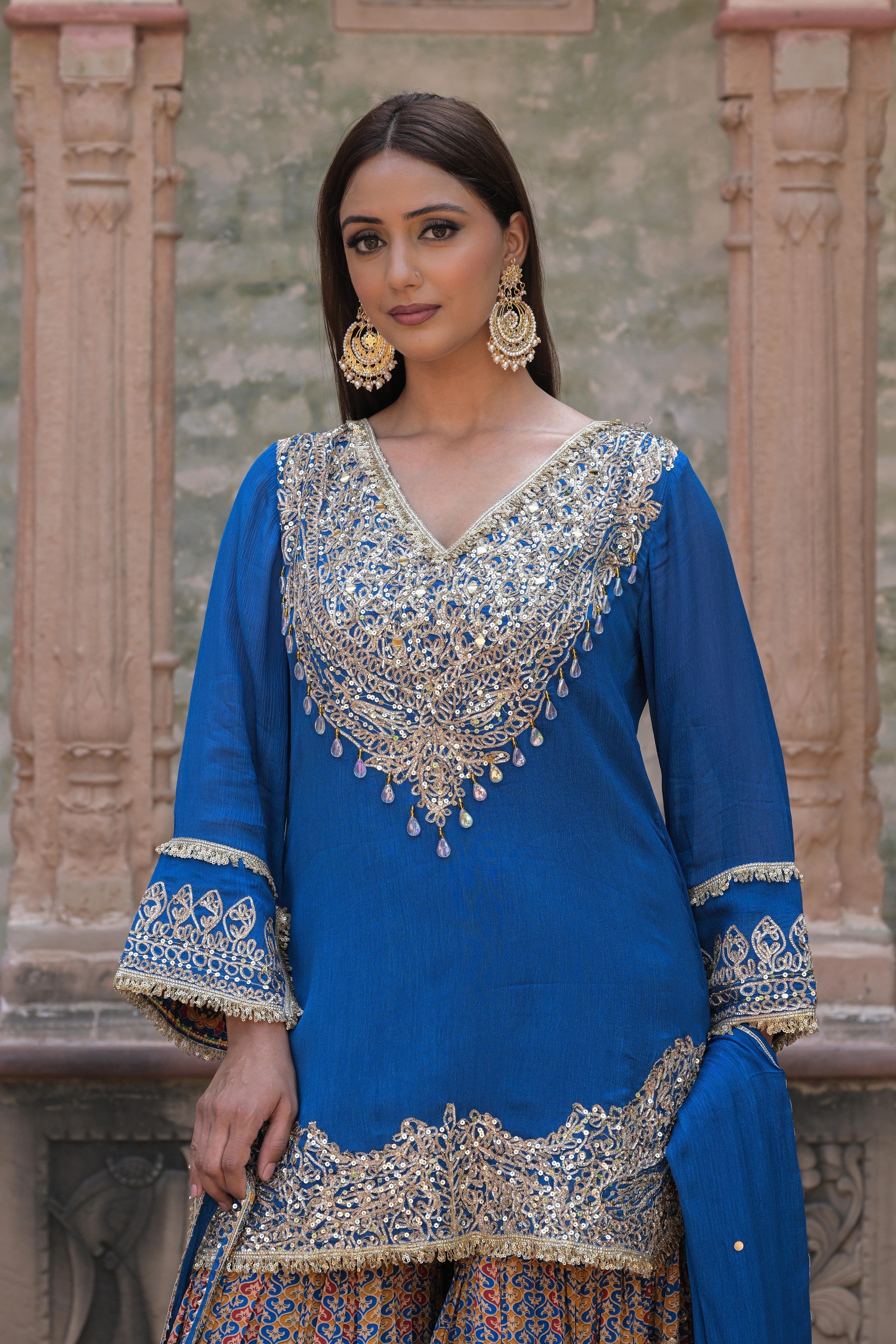 Royal Blue Embellished Chinon Silk Sharara Set - Image 2