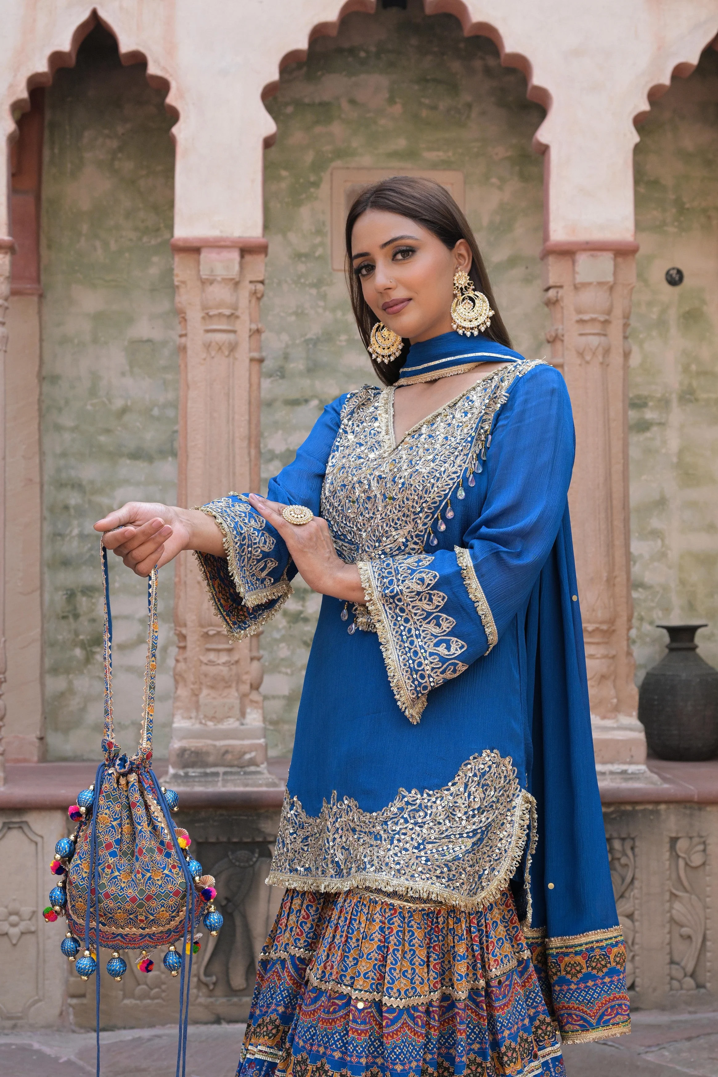 Royal Blue Embellished Chinon Silk Sharara Set - Image 3