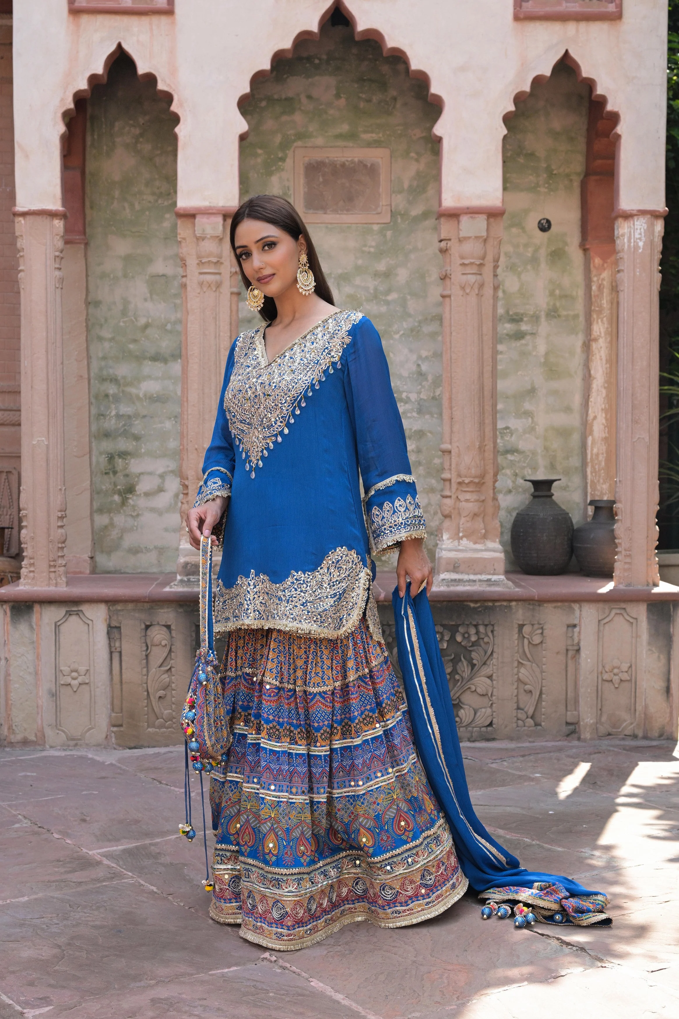 Royal Blue Embellished Chinon Silk Sharara Set - Image 6