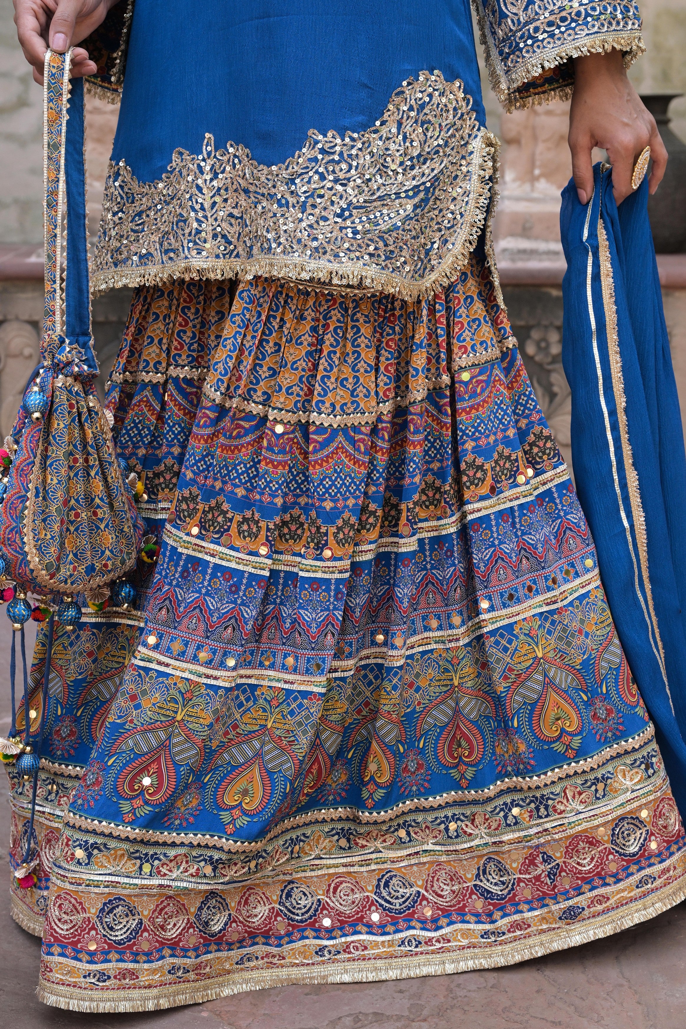 Royal Blue Embellished Chinon Silk Sharara Set - Image 7