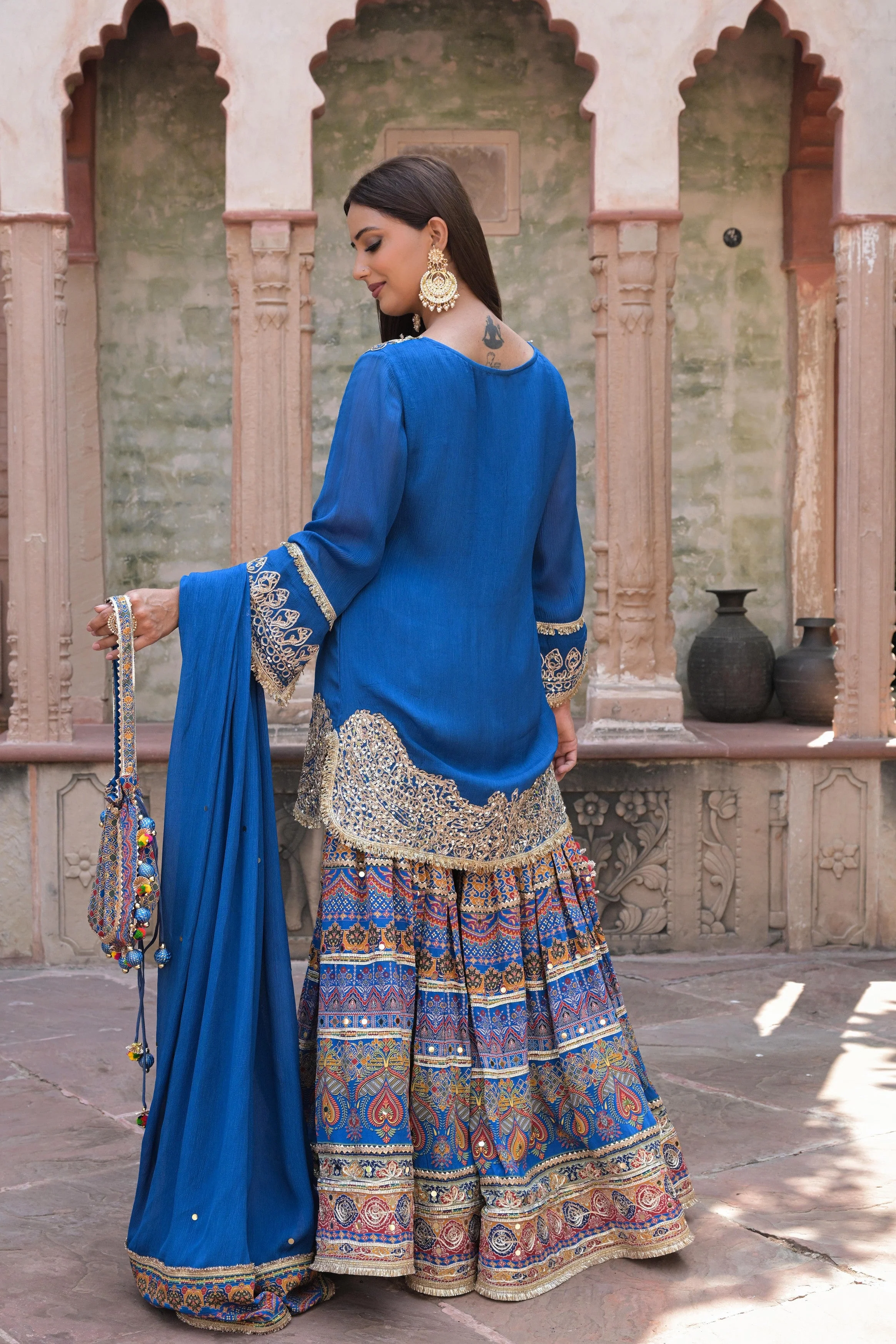 Royal Blue Embellished Chinon Silk Sharara Set - Image 8