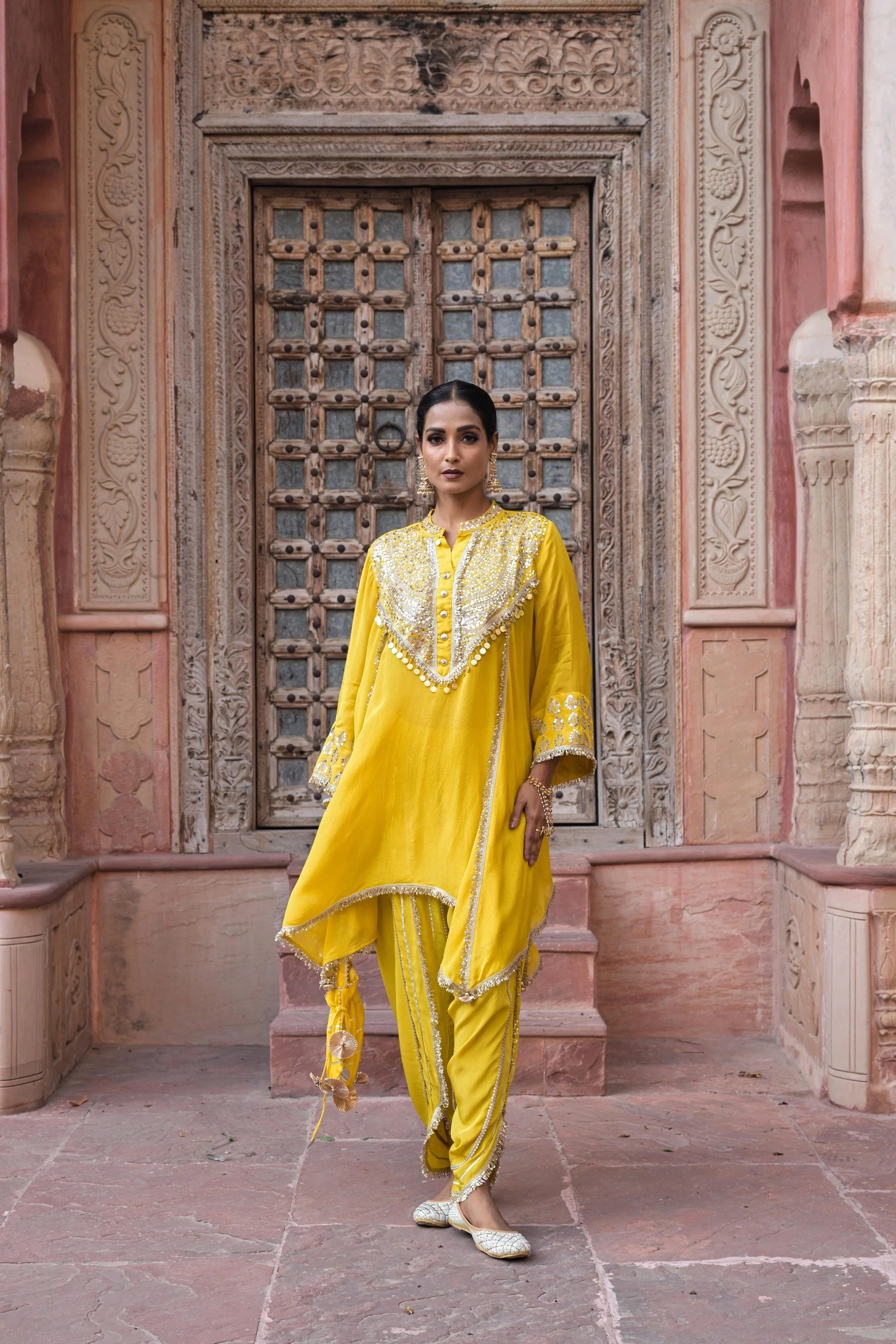 Bright Yellow Embellished Chinon Silk Dhoti Set - Image 3