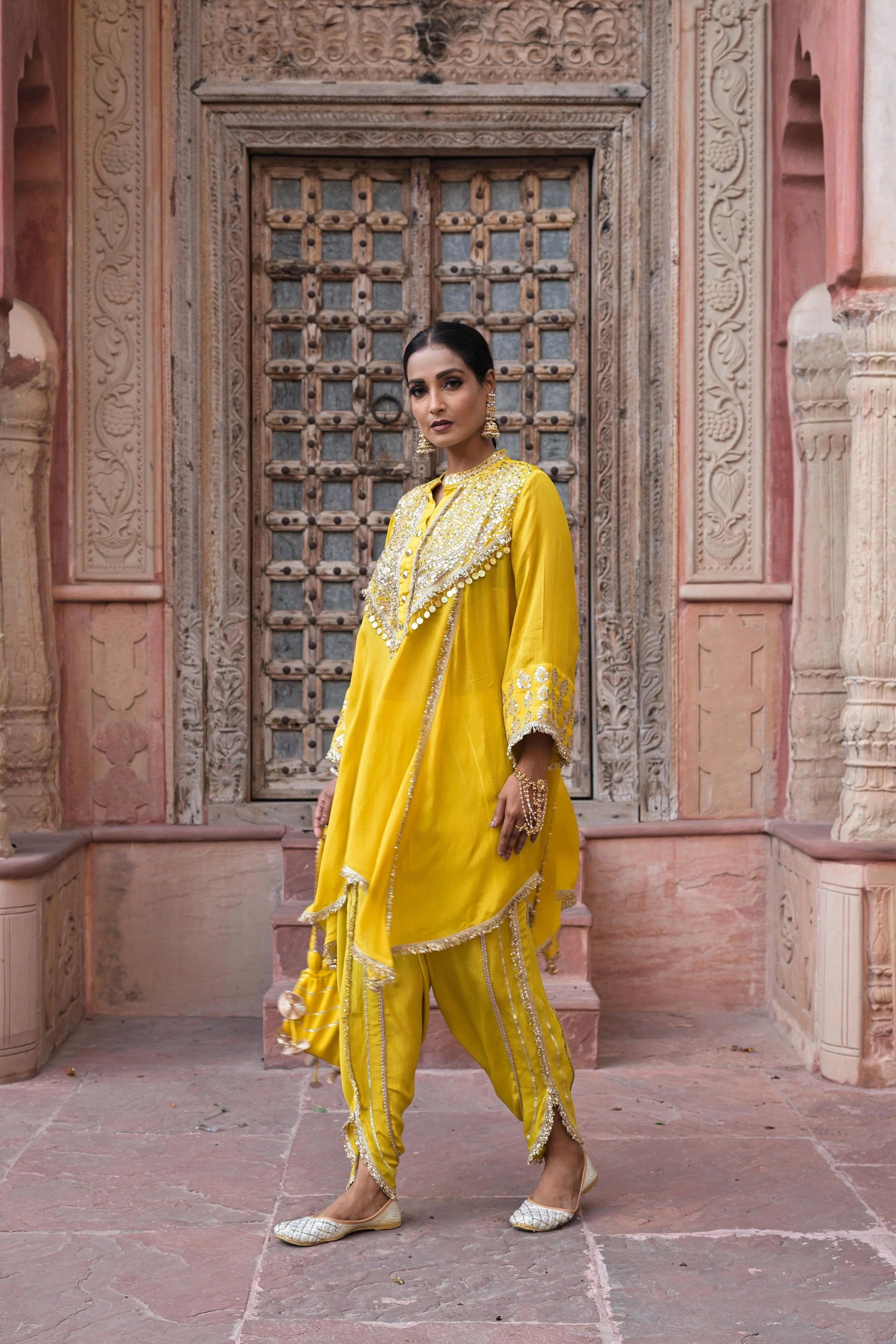 Bright Yellow Embellished Chinon Silk Dhoti Set - Image 4