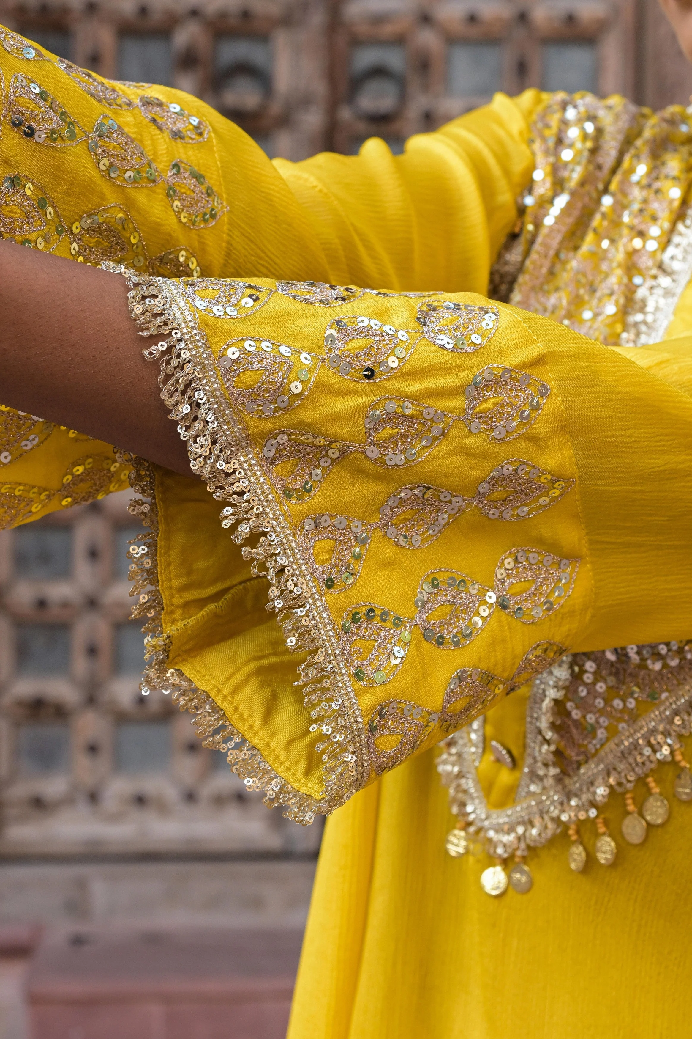 Bright Yellow Embellished Chinon Silk Dhoti Set - Image 5