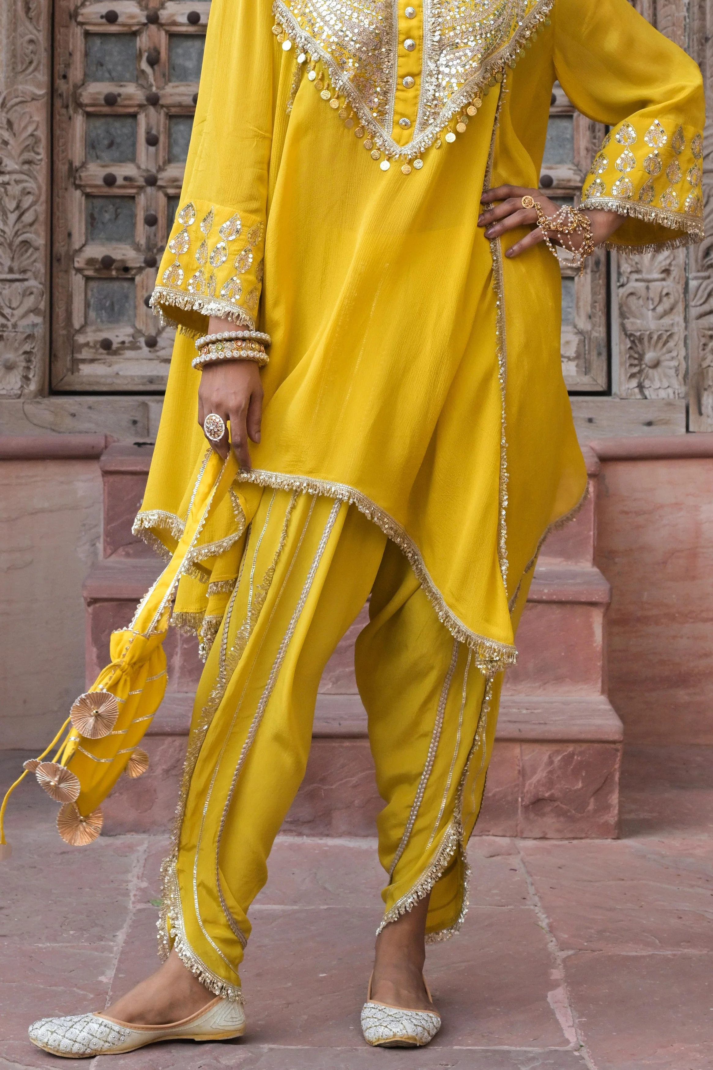 Bright Yellow Embellished Chinon Silk Dhoti Set - Image 6