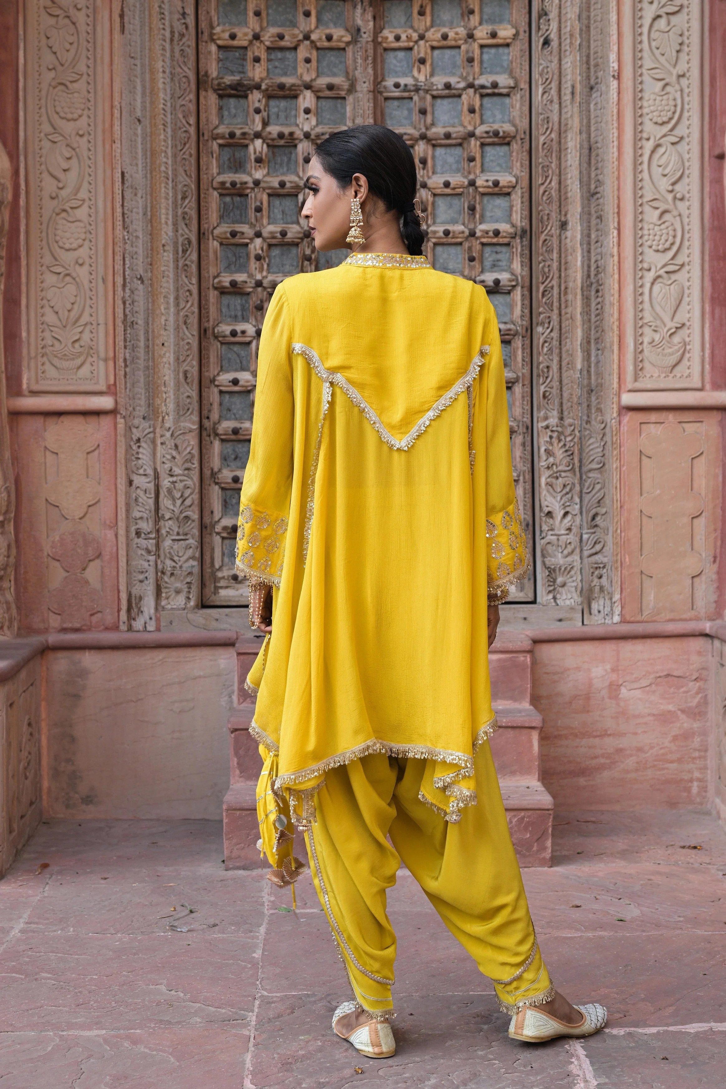 Bright Yellow Embellished Chinon Silk Dhoti Set - Image 7