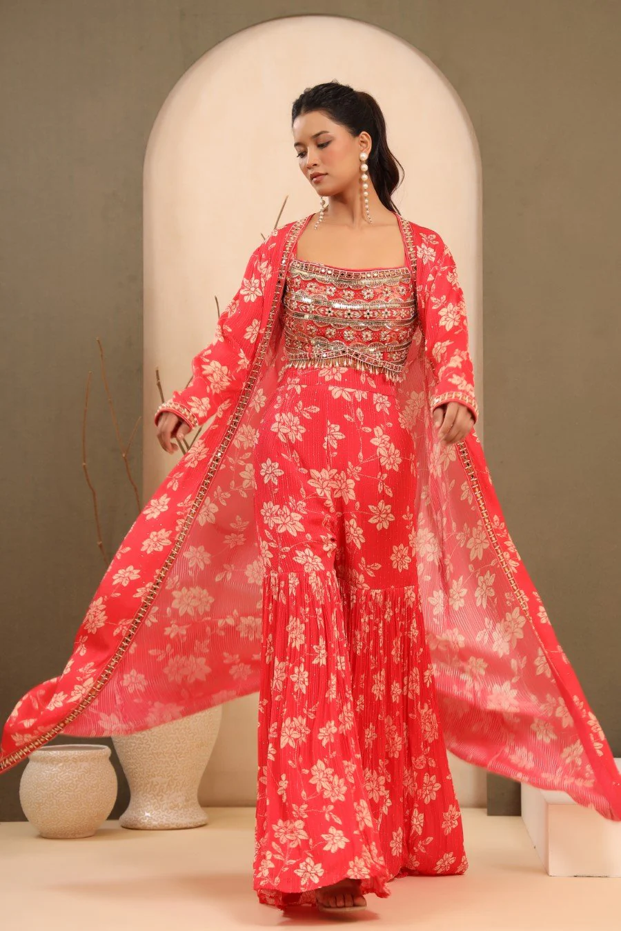 Bright Pink Embellished & Printed Sharara with Cape - Image 2