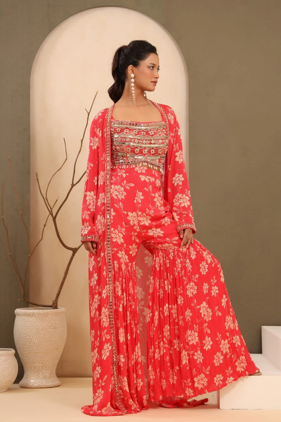 Bright Pink Embellished & Printed Sharara with Cape - Image 3