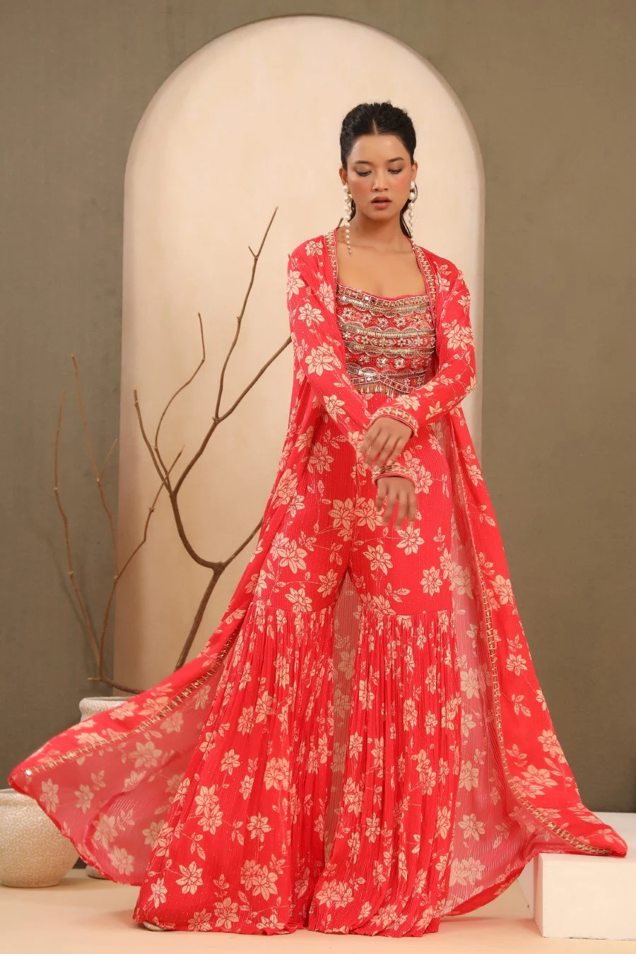 Bright Pink Embellished & Printed Sharara with Cape - Image 4