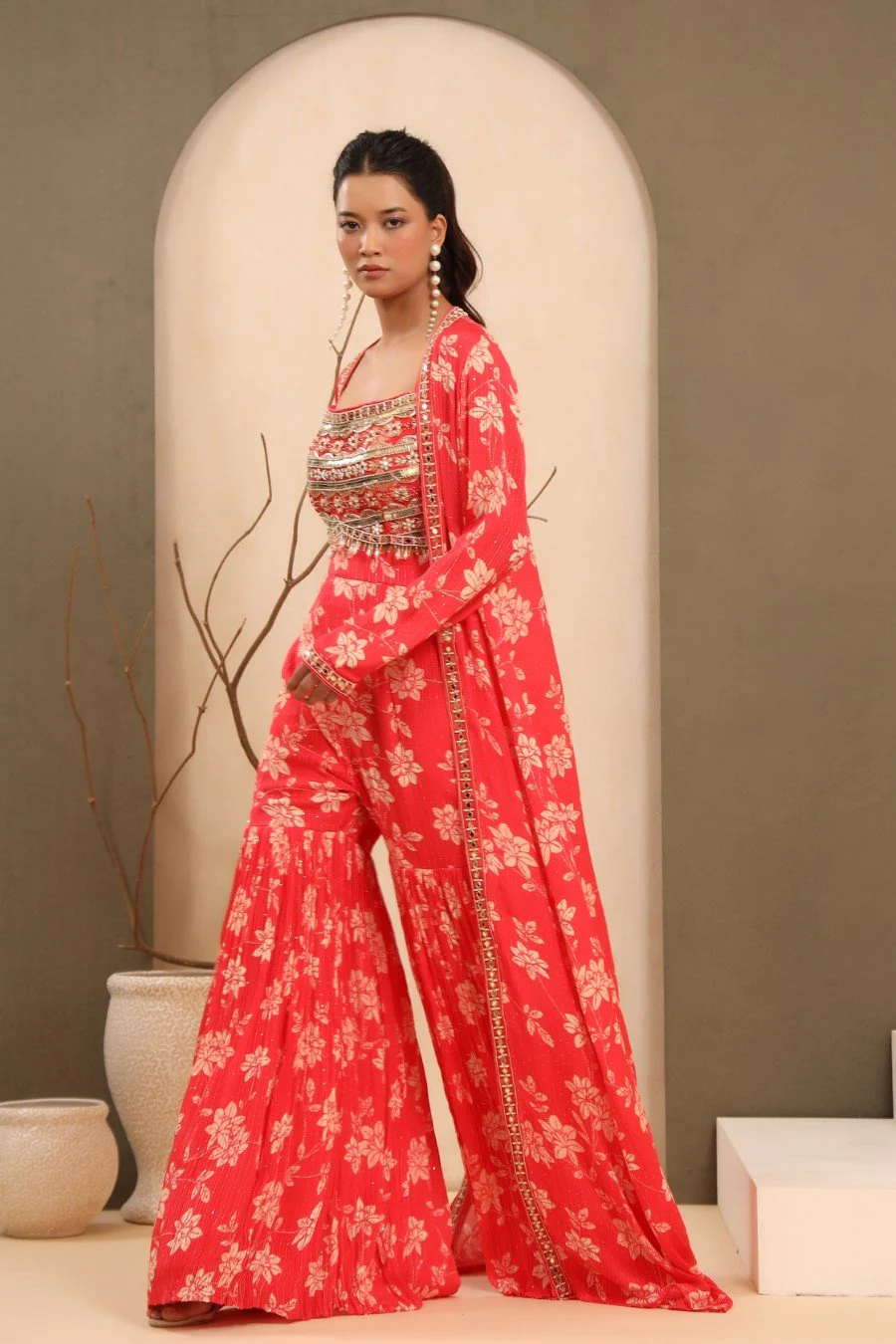 Bright Pink Embellished & Printed Sharara with Cape - Image 5