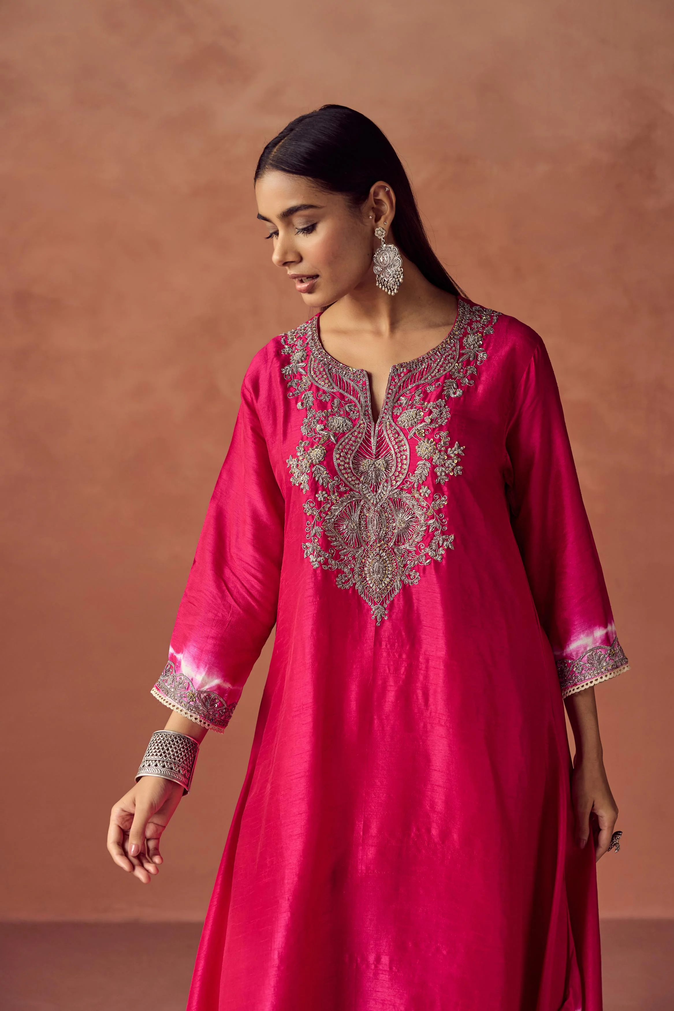 Bright Red Embellished Raw Silk Kurta Set - Image 3