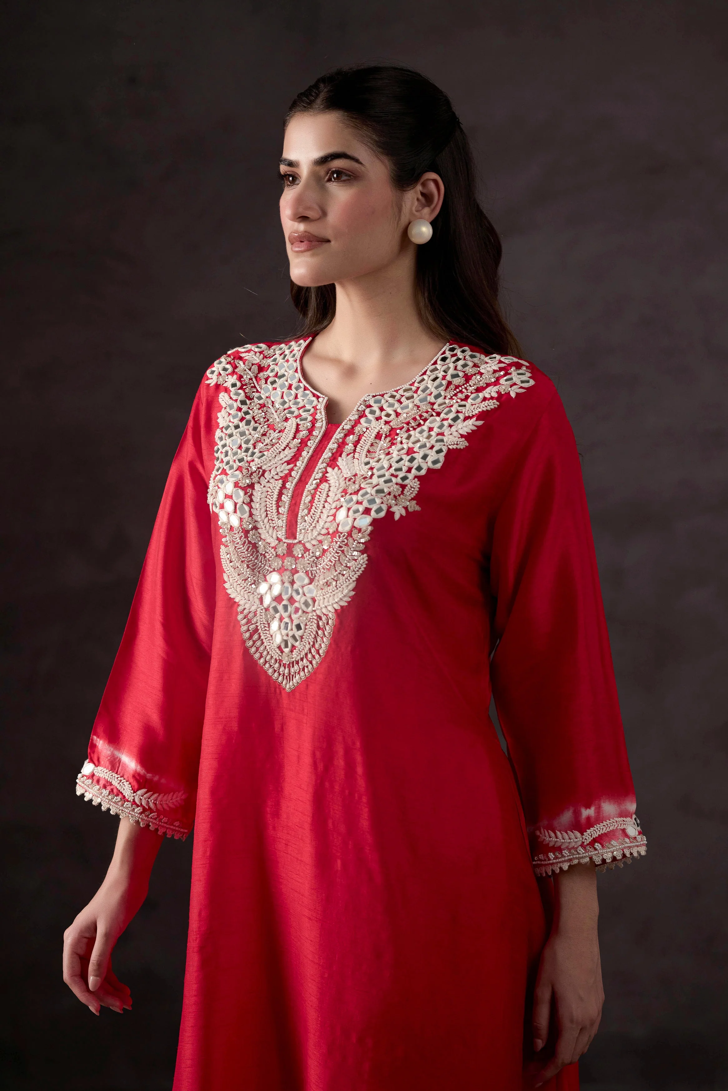 Bright Red Embellished Raw Silk Kurta Set - Image 2