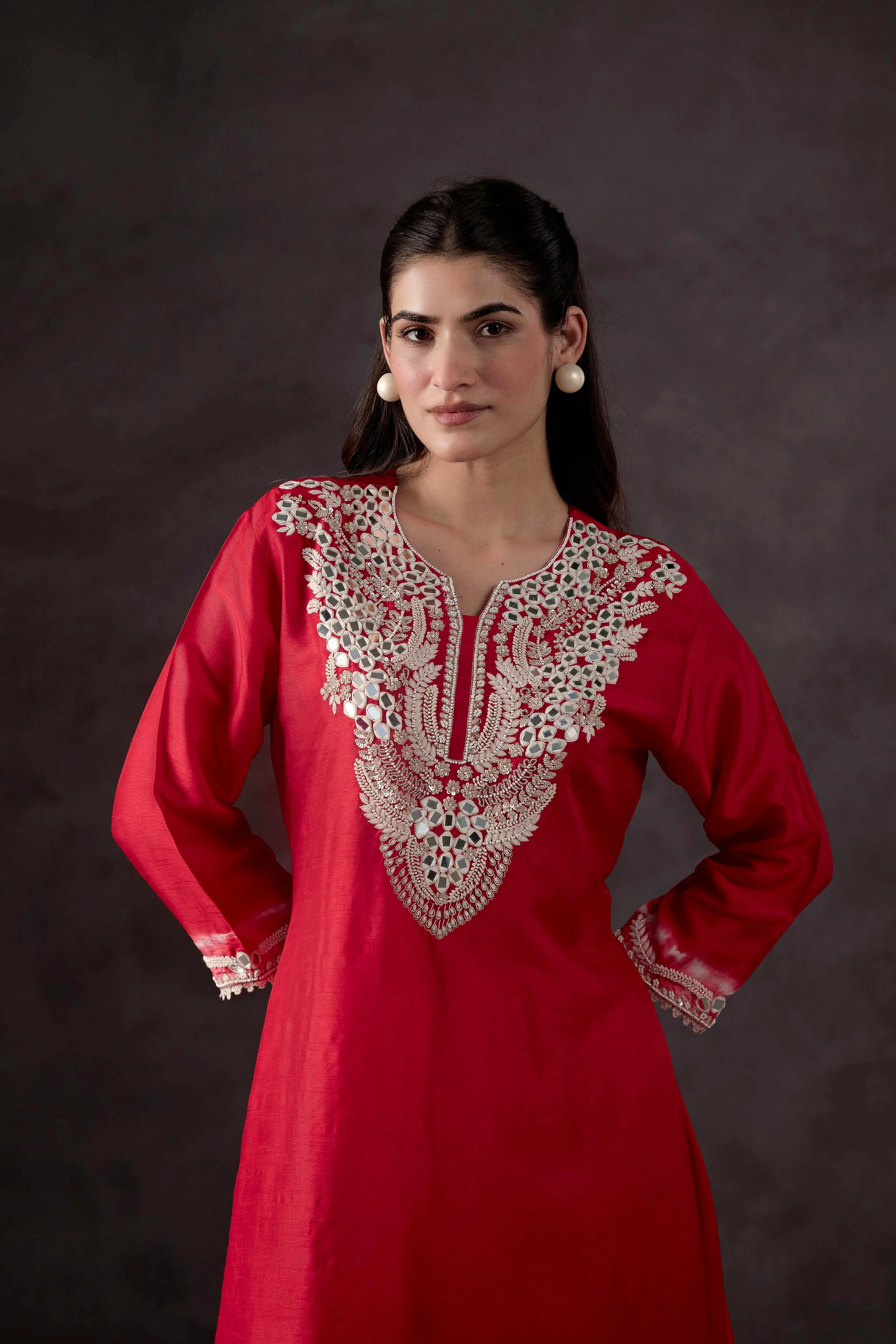 Bright Red Embellished Raw Silk Kurta Set - Image 3