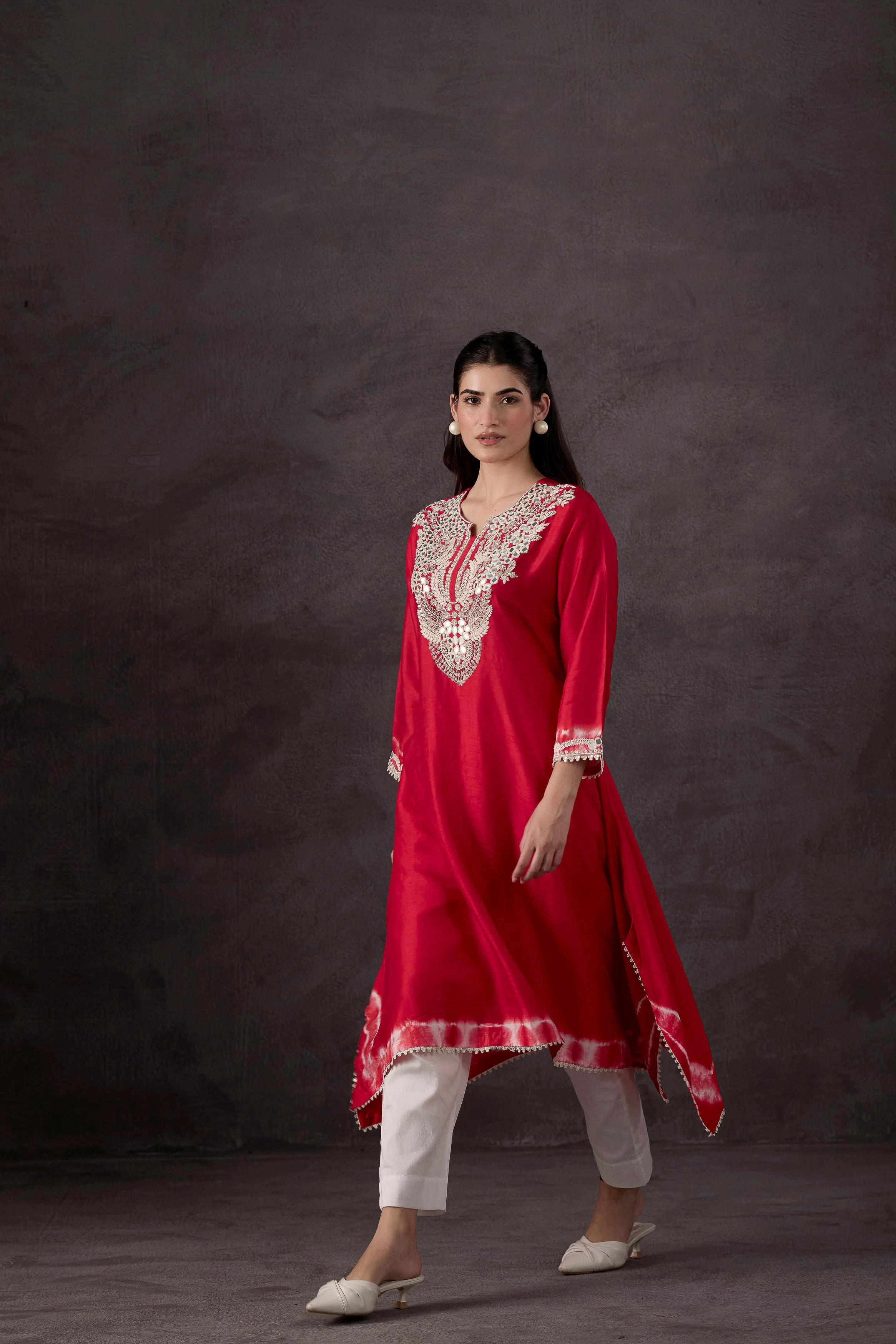Bright Red Embellished Raw Silk Kurta Set - Image 4