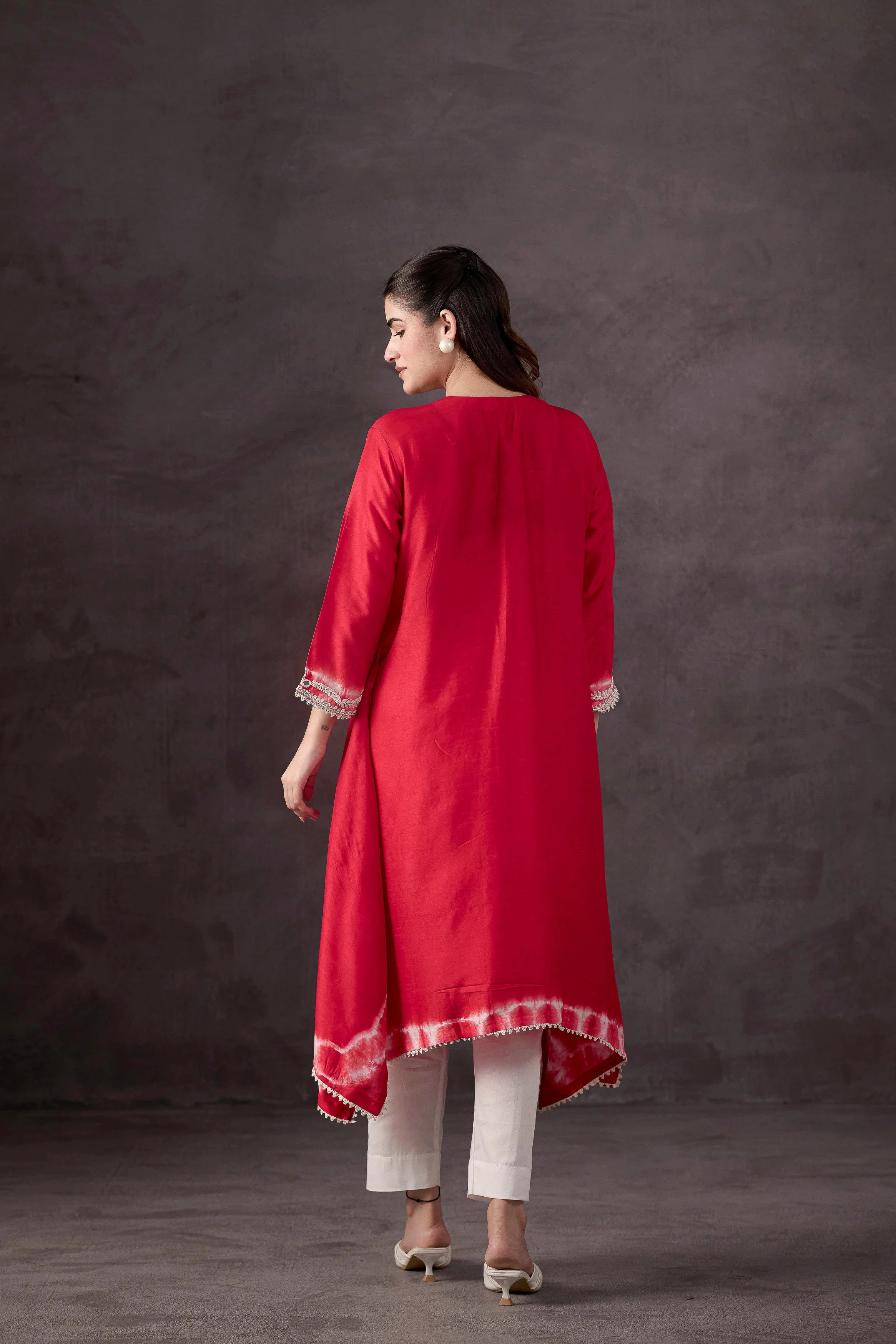 Bright Red Embellished Raw Silk Kurta Set - Image 5