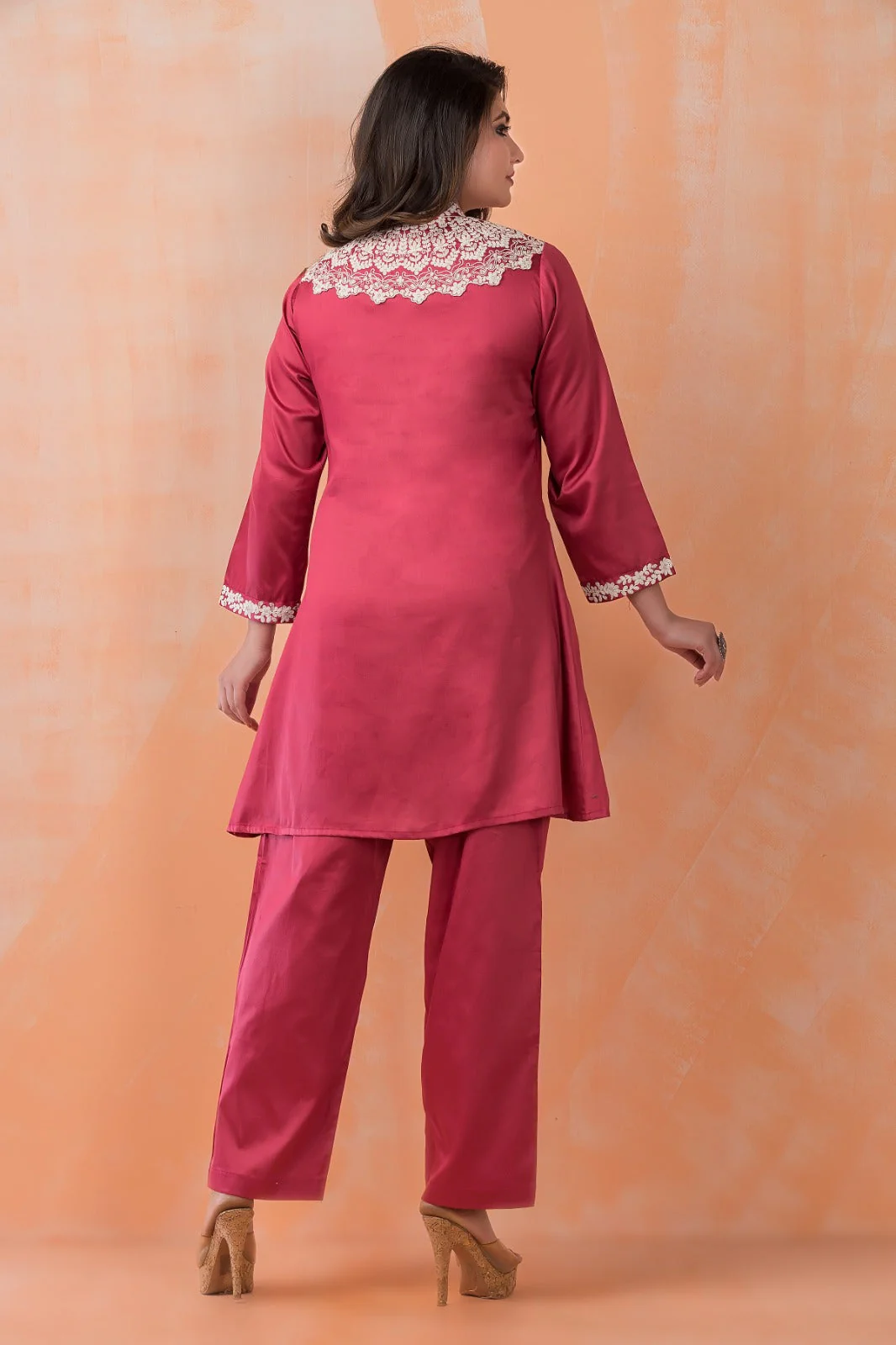 Bright Pink Embroidered Satin Cotton Silk Co-Ord Set - Image 3