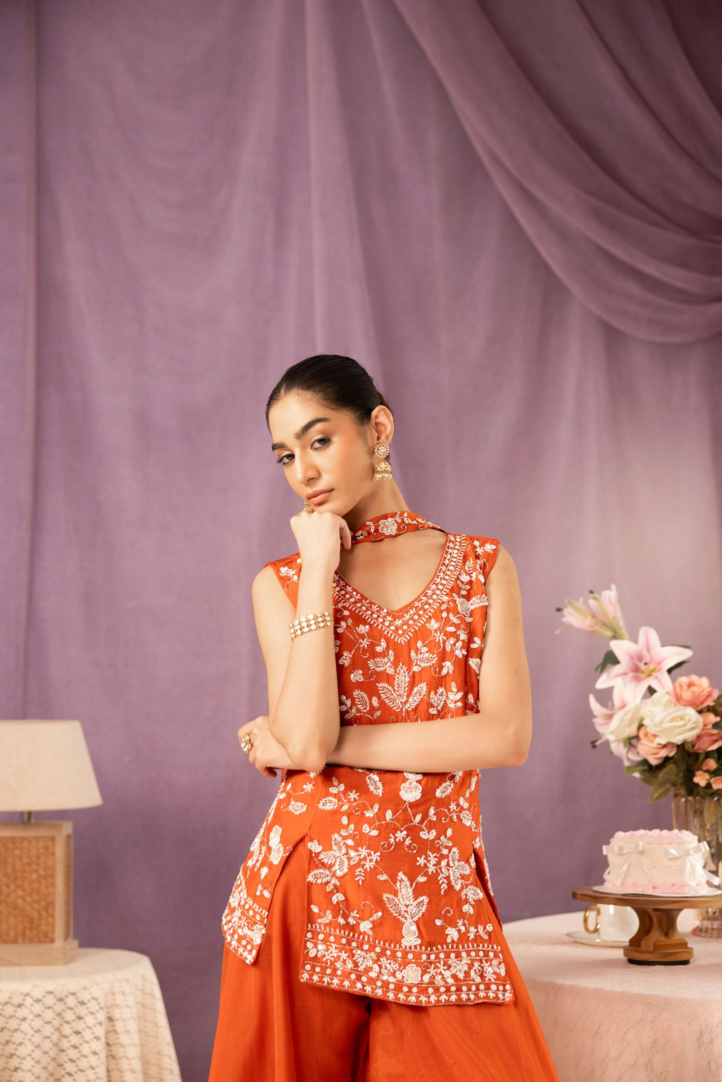Bright Orange Embellished Organza Silk Palazzo Set - Image 2