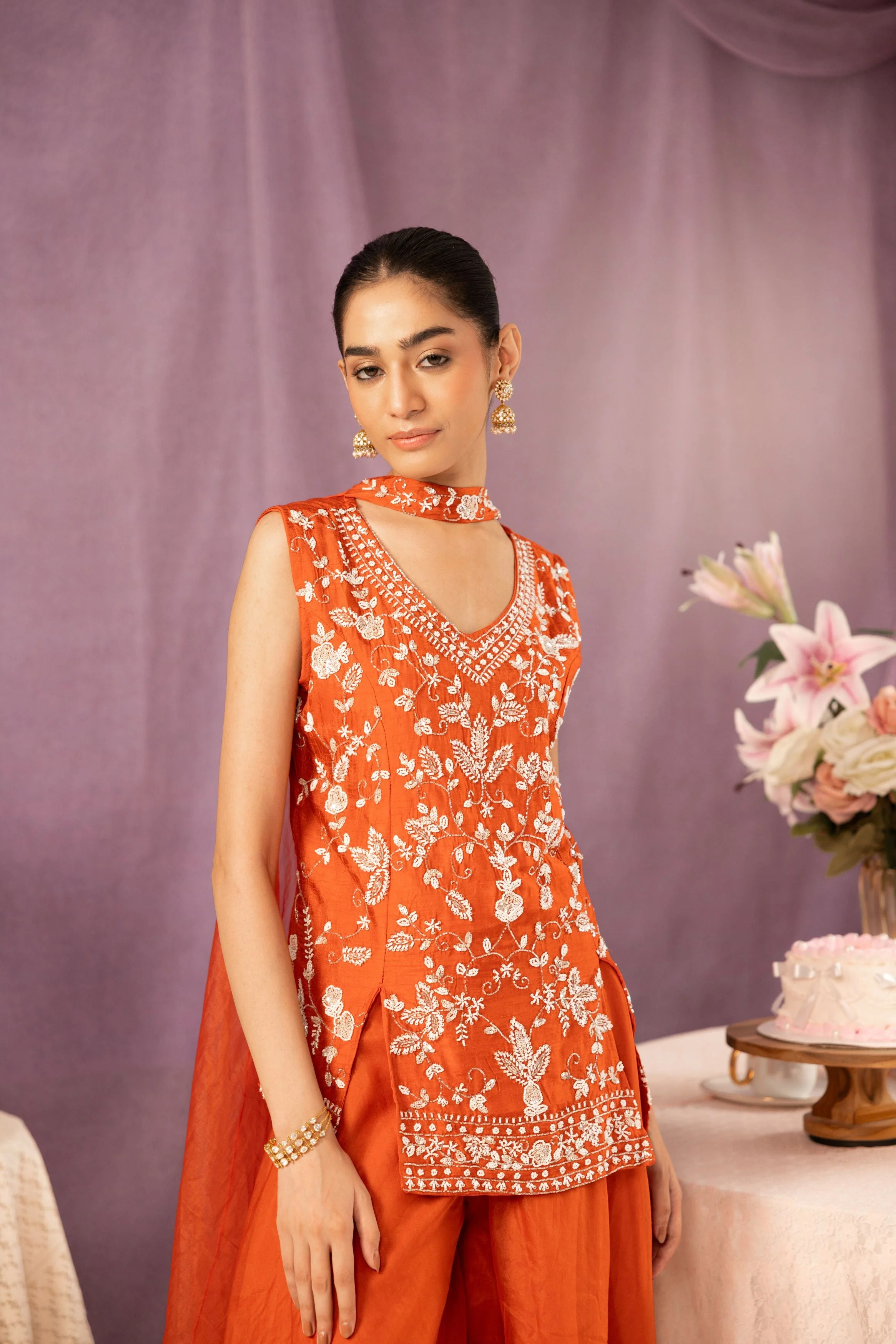 Bright Orange Embellished Organza Silk Palazzo Set - Image 3