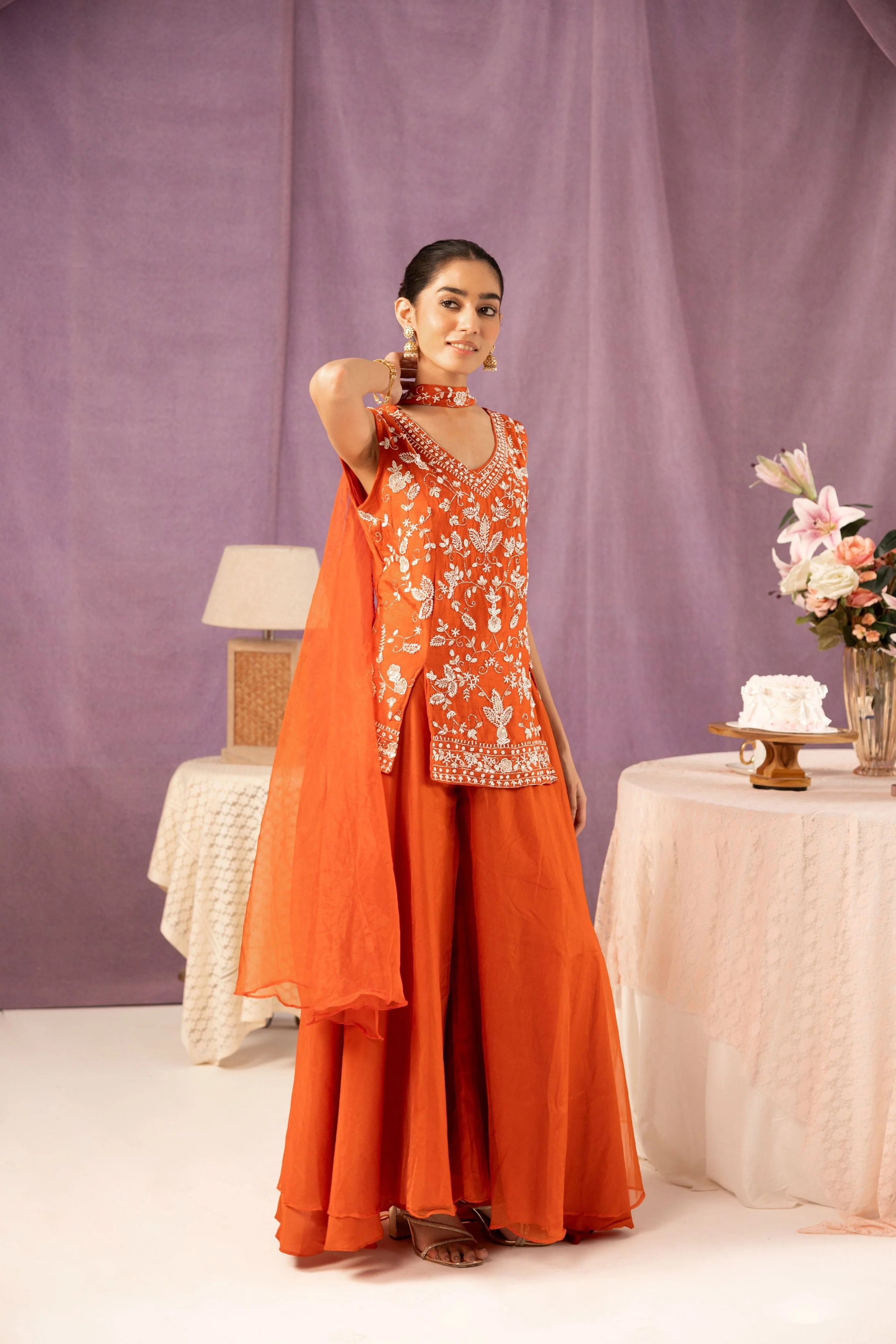 Bright Orange Embellished Organza Silk Palazzo Set - Image 4