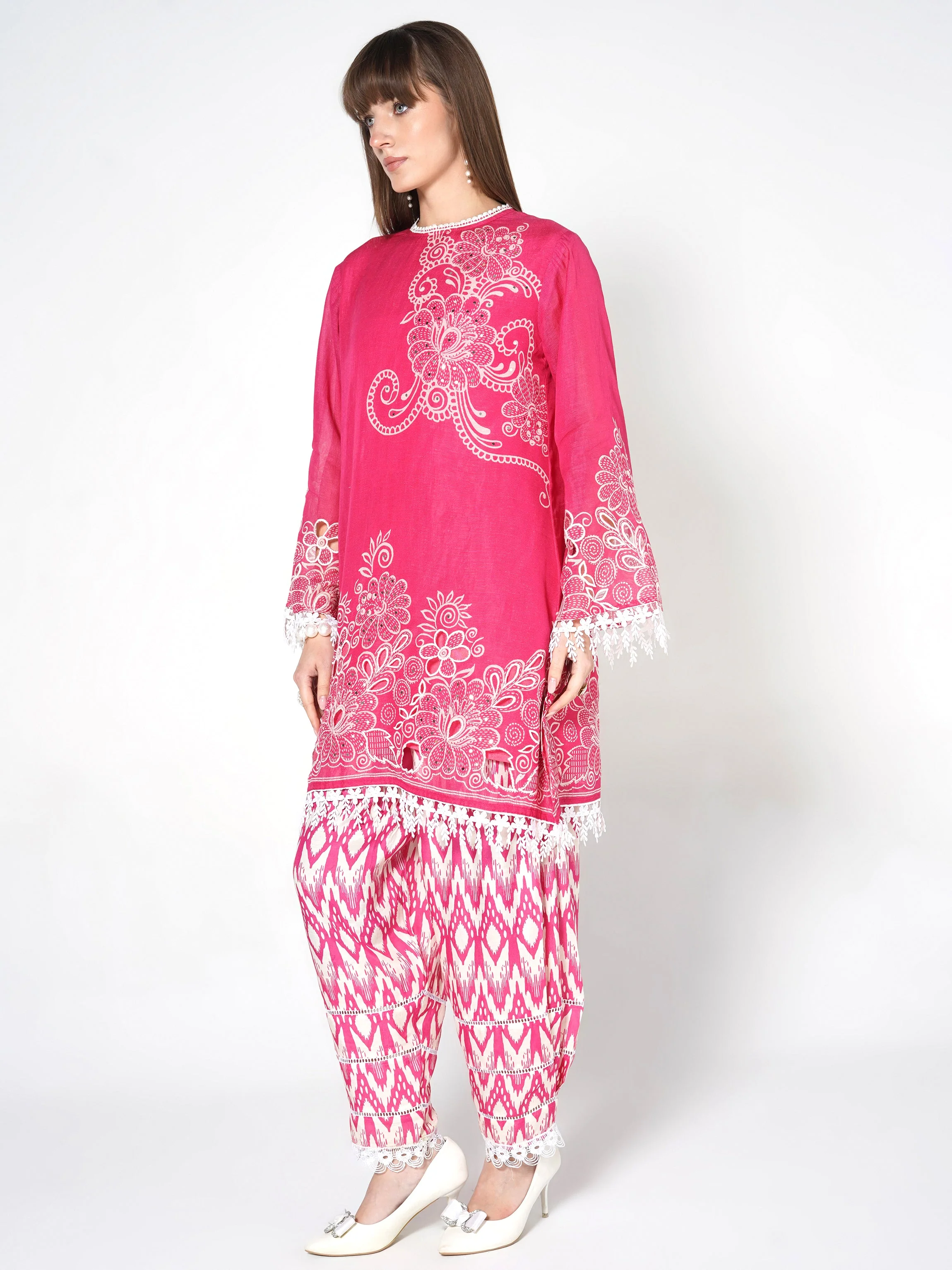 Bright Pink Printed Linen Silk Co-Ord Set - Image 3