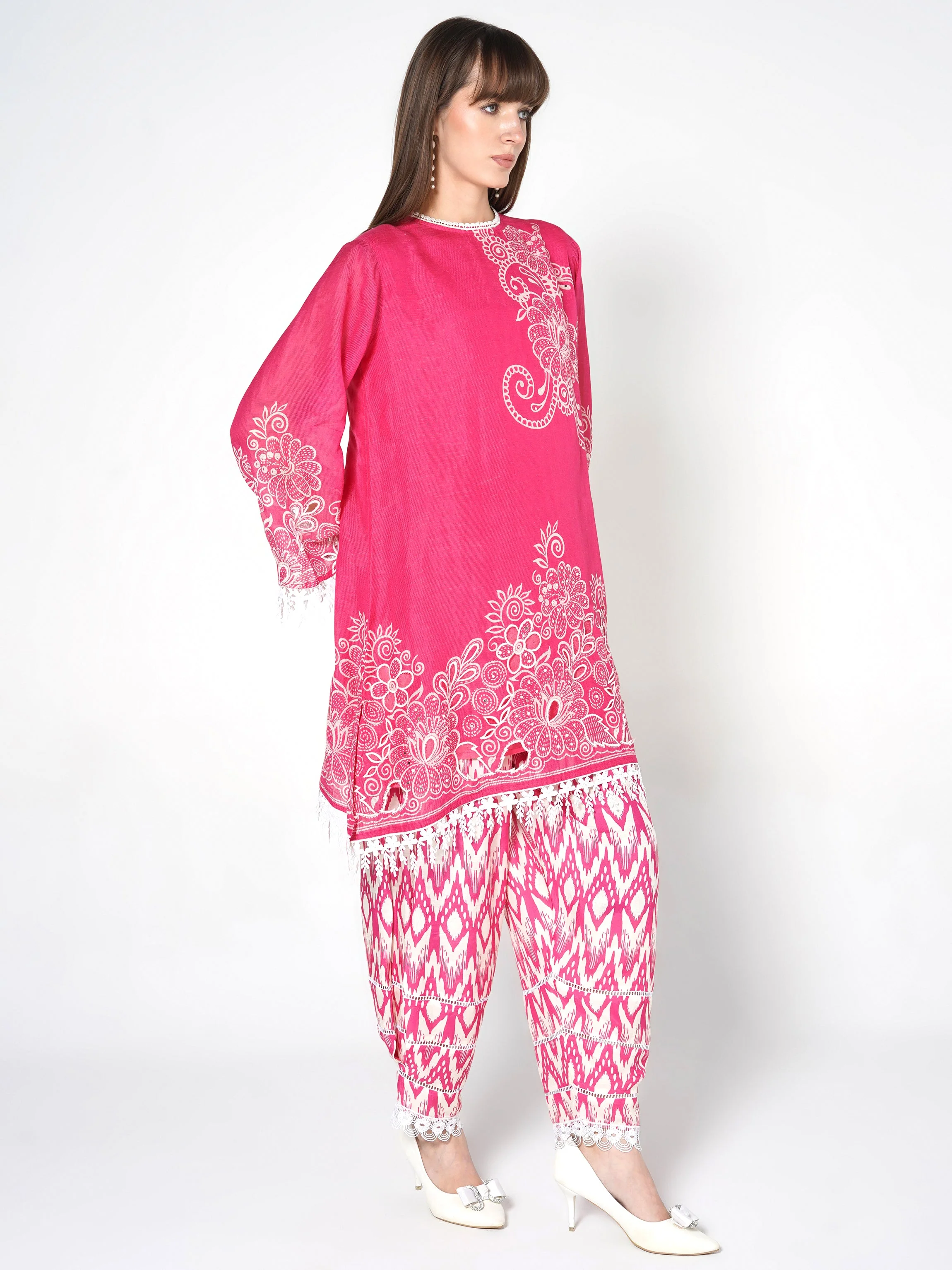 Bright Pink Printed Linen Silk Co-Ord Set - Image 5