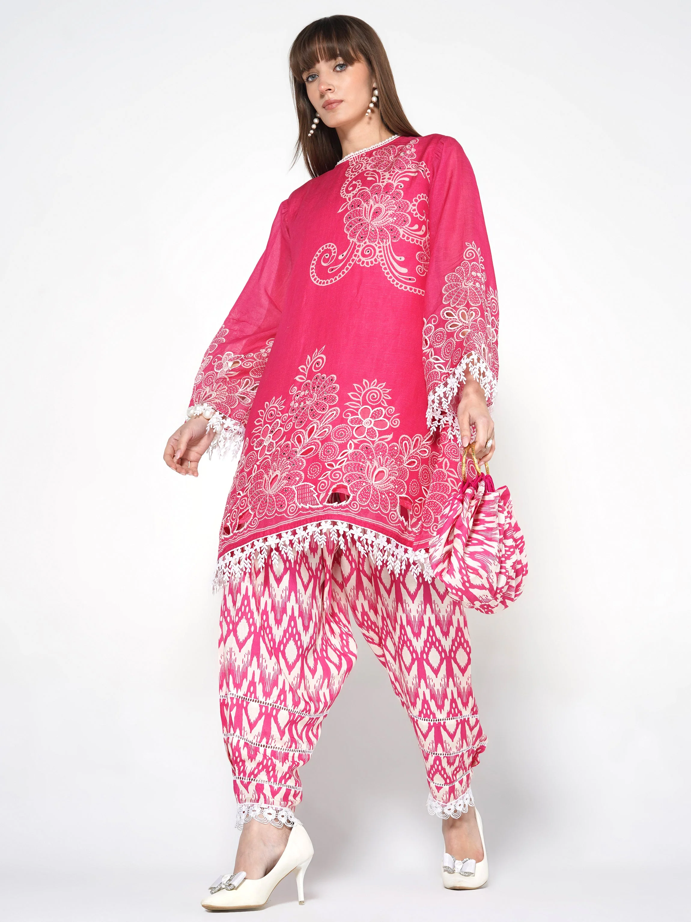 Bright Pink Printed Linen Silk Co-Ord Set - Image 6