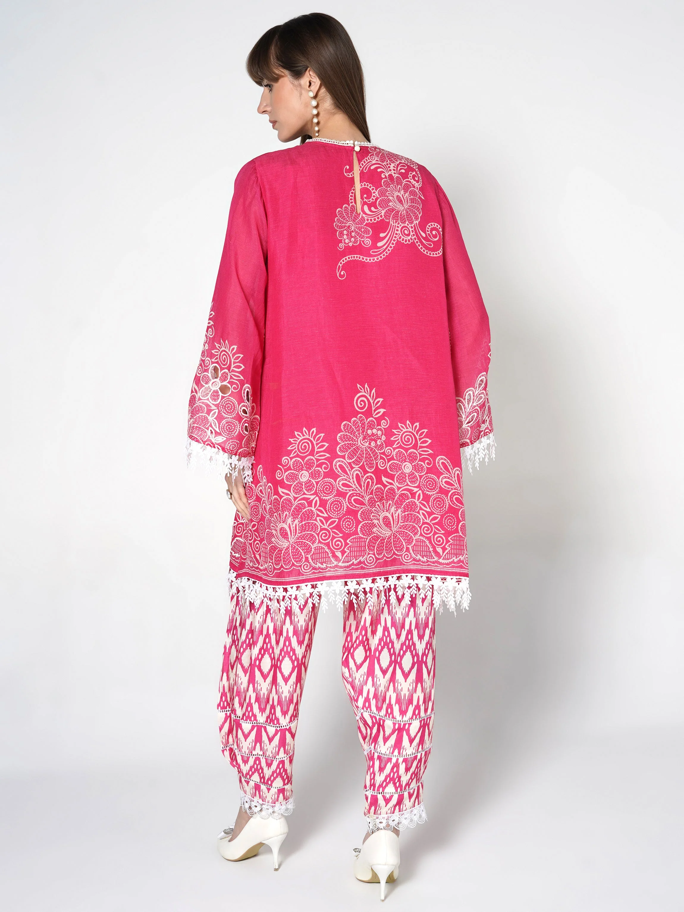 Bright Pink Printed Linen Silk Co-Ord Set - Image 7