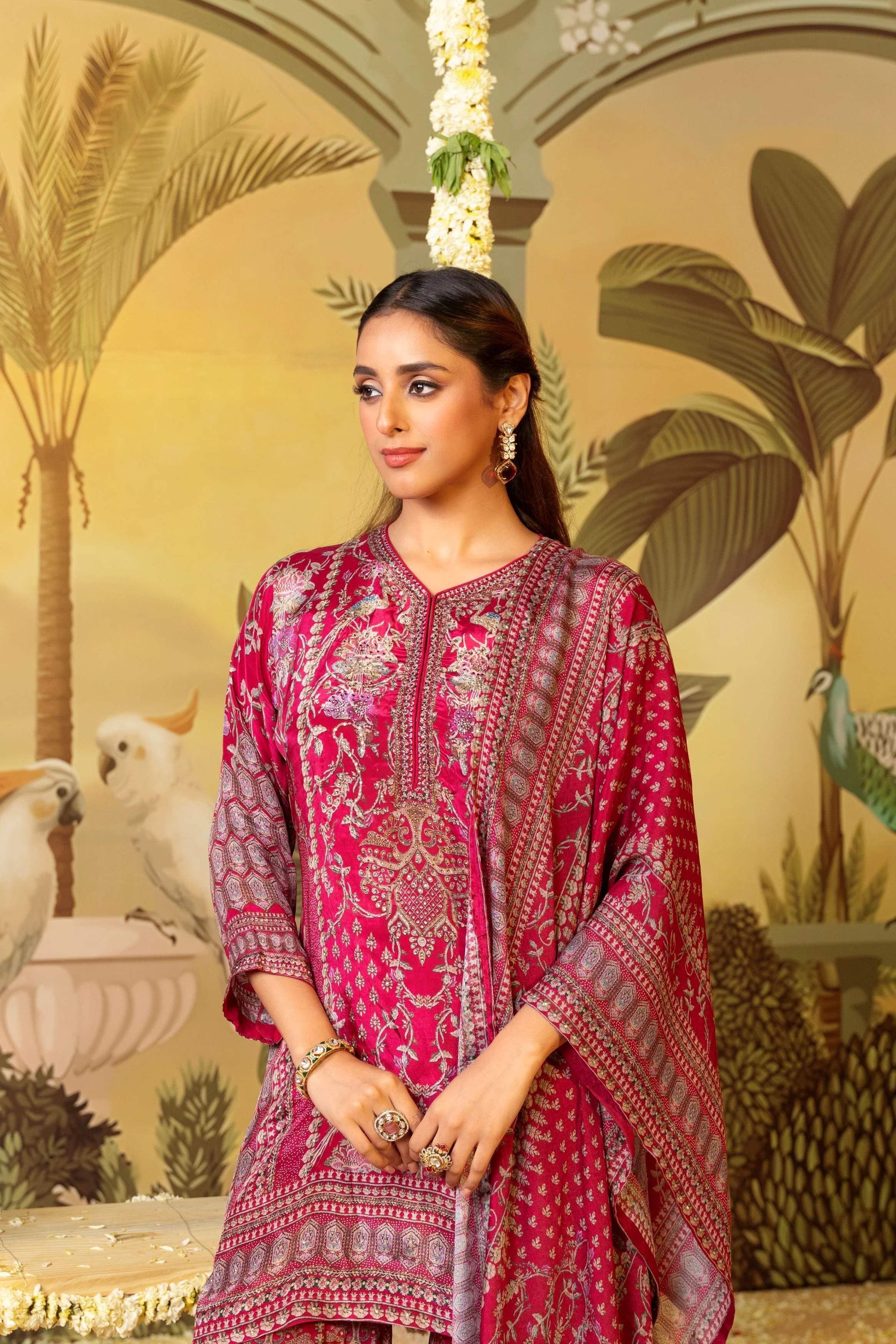 Bright Pink Printed Muslin Silk Palazzo Set - Image 2