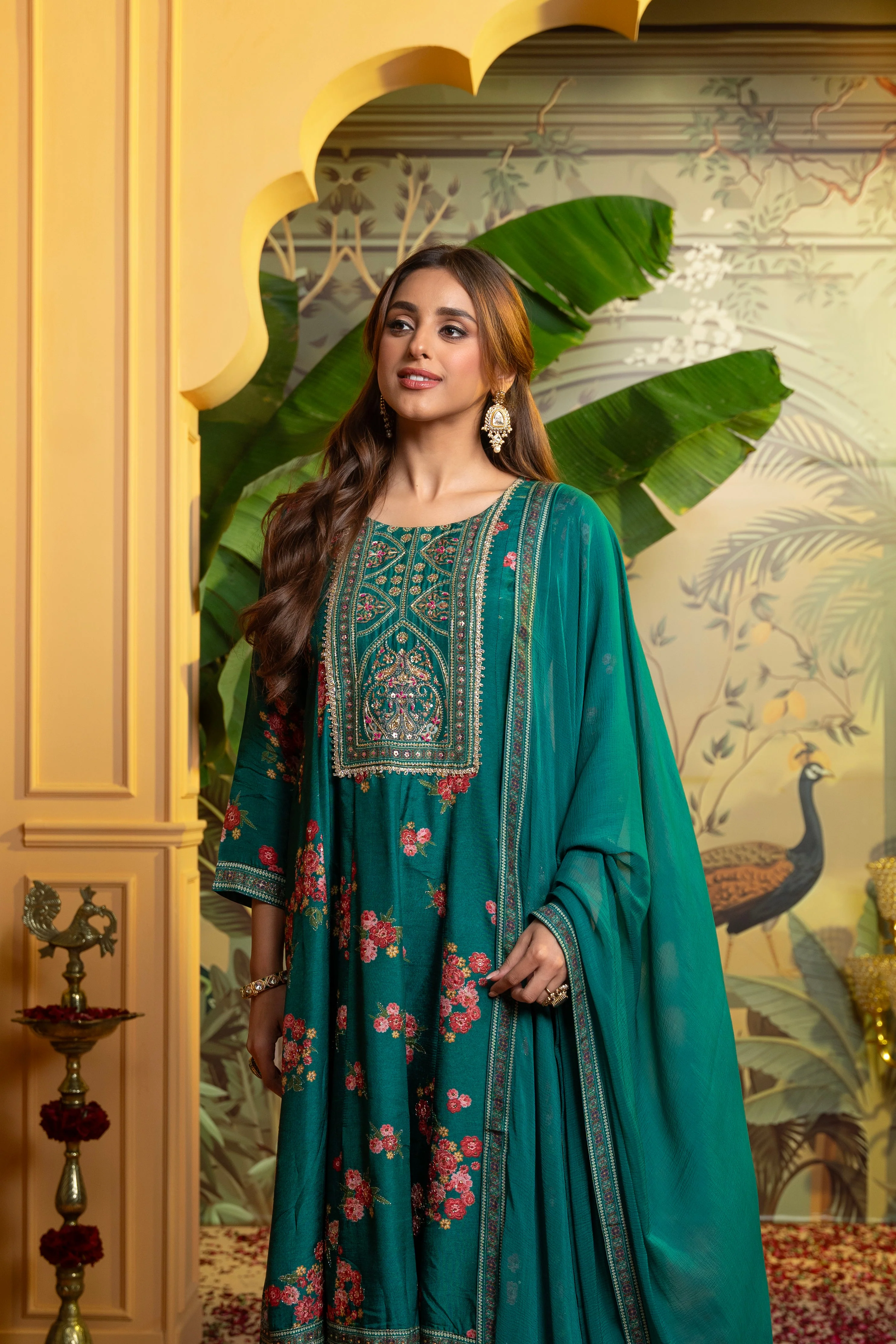 Deep Green Embellished Dola Silk Anarkali Set - Image 2