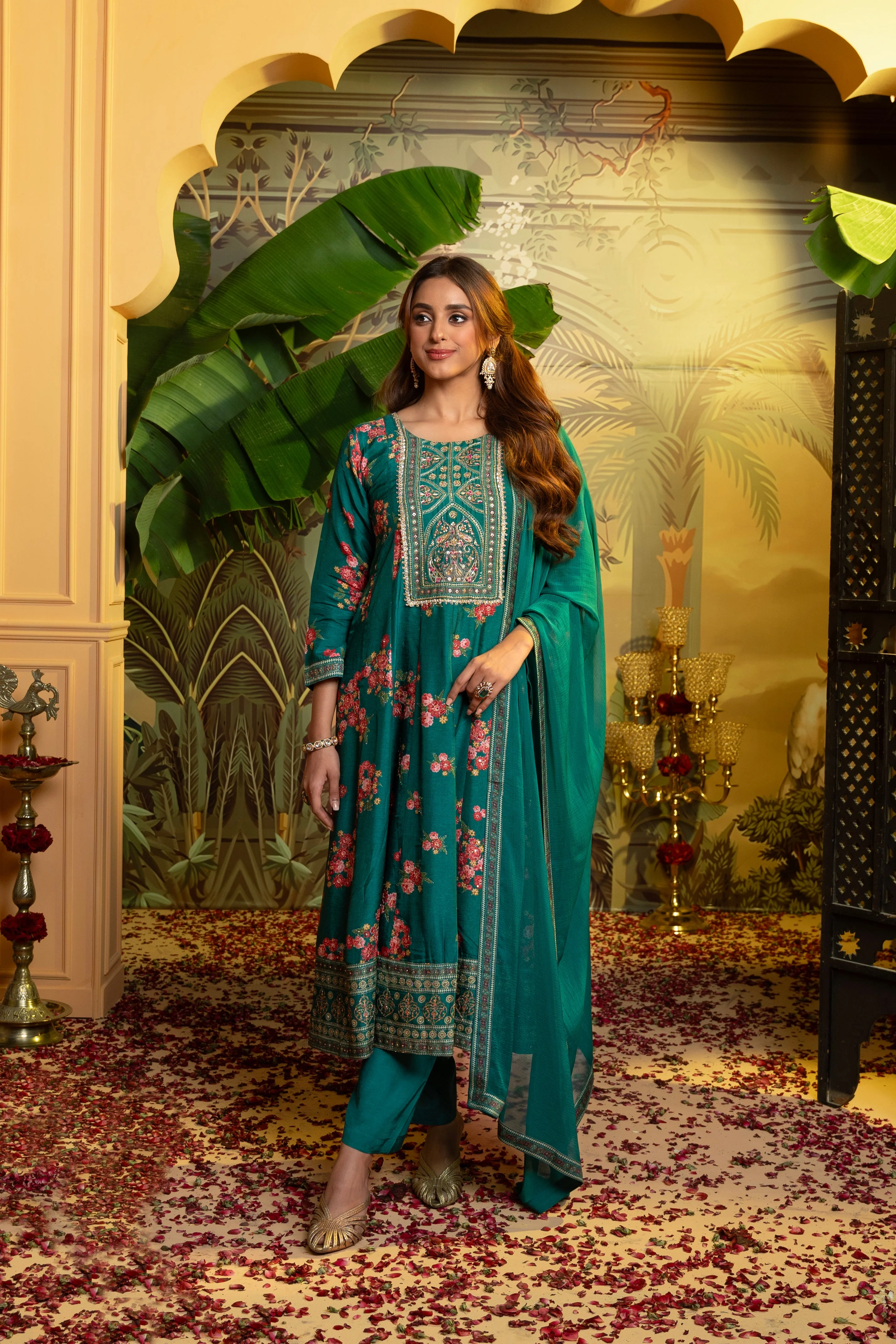 Deep Green Embellished Dola Silk Anarkali Set - Image 3