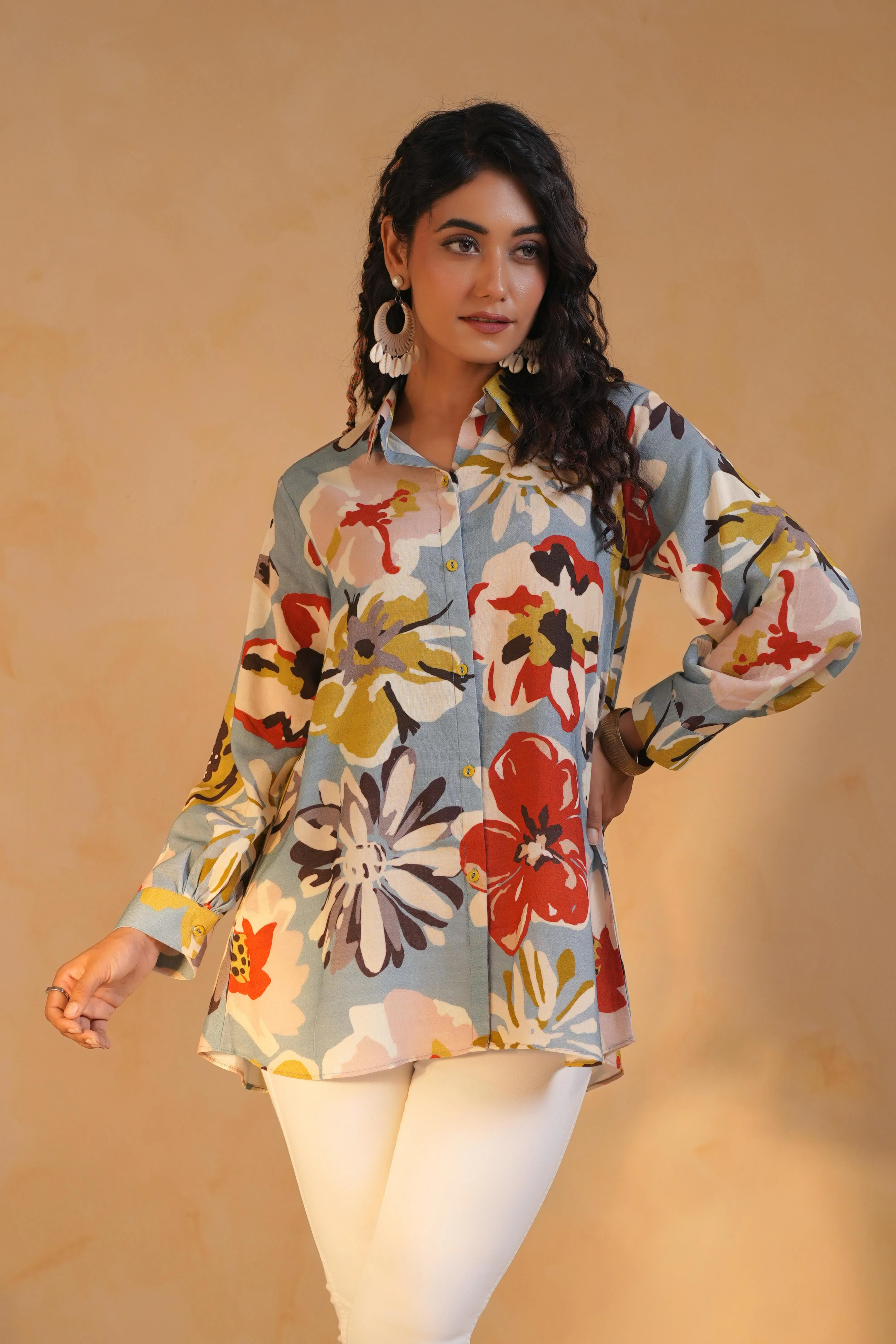 Dusty Blue Printed Linen Top - Image 2
