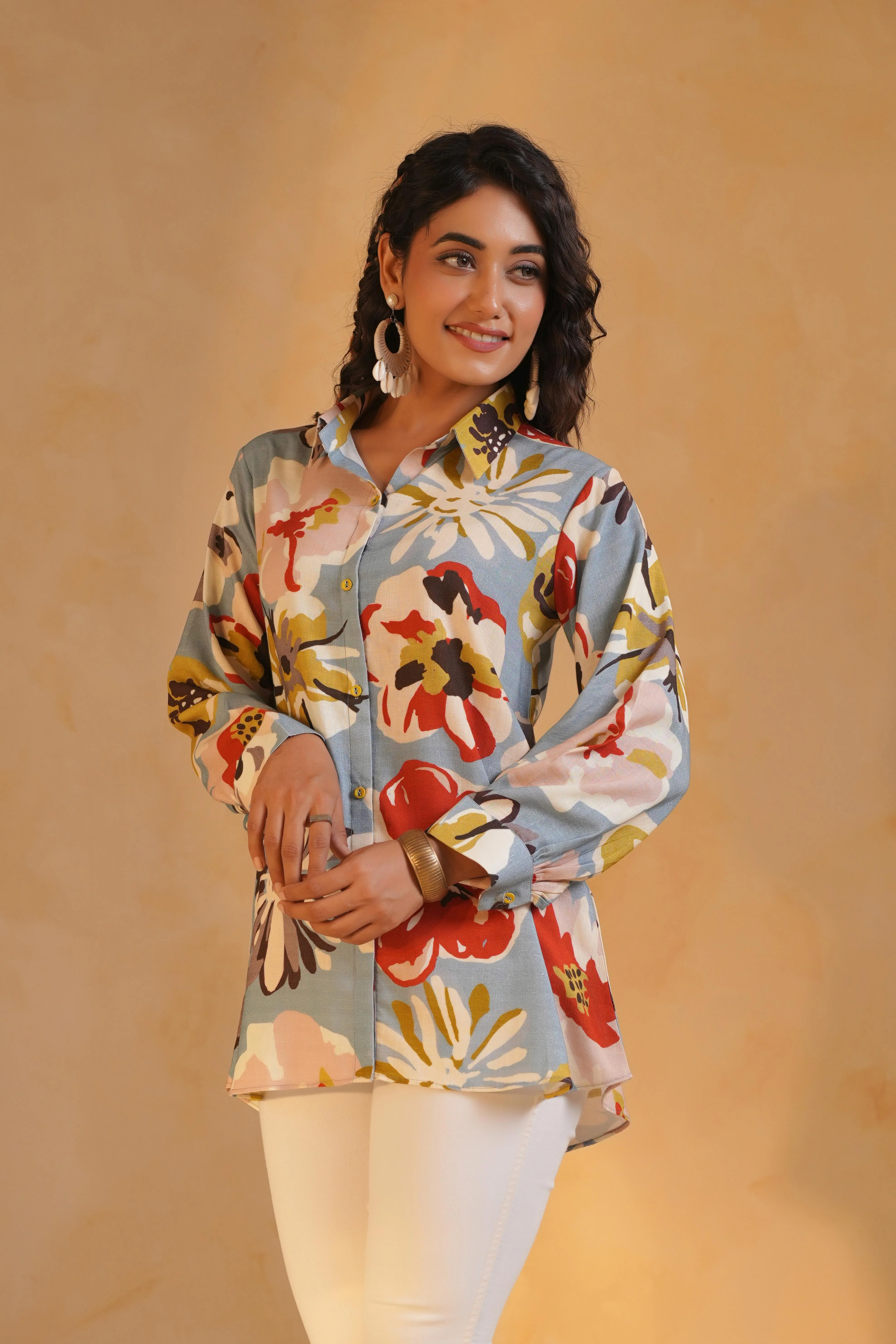 Dusty Blue Printed Linen Top - Image 3
