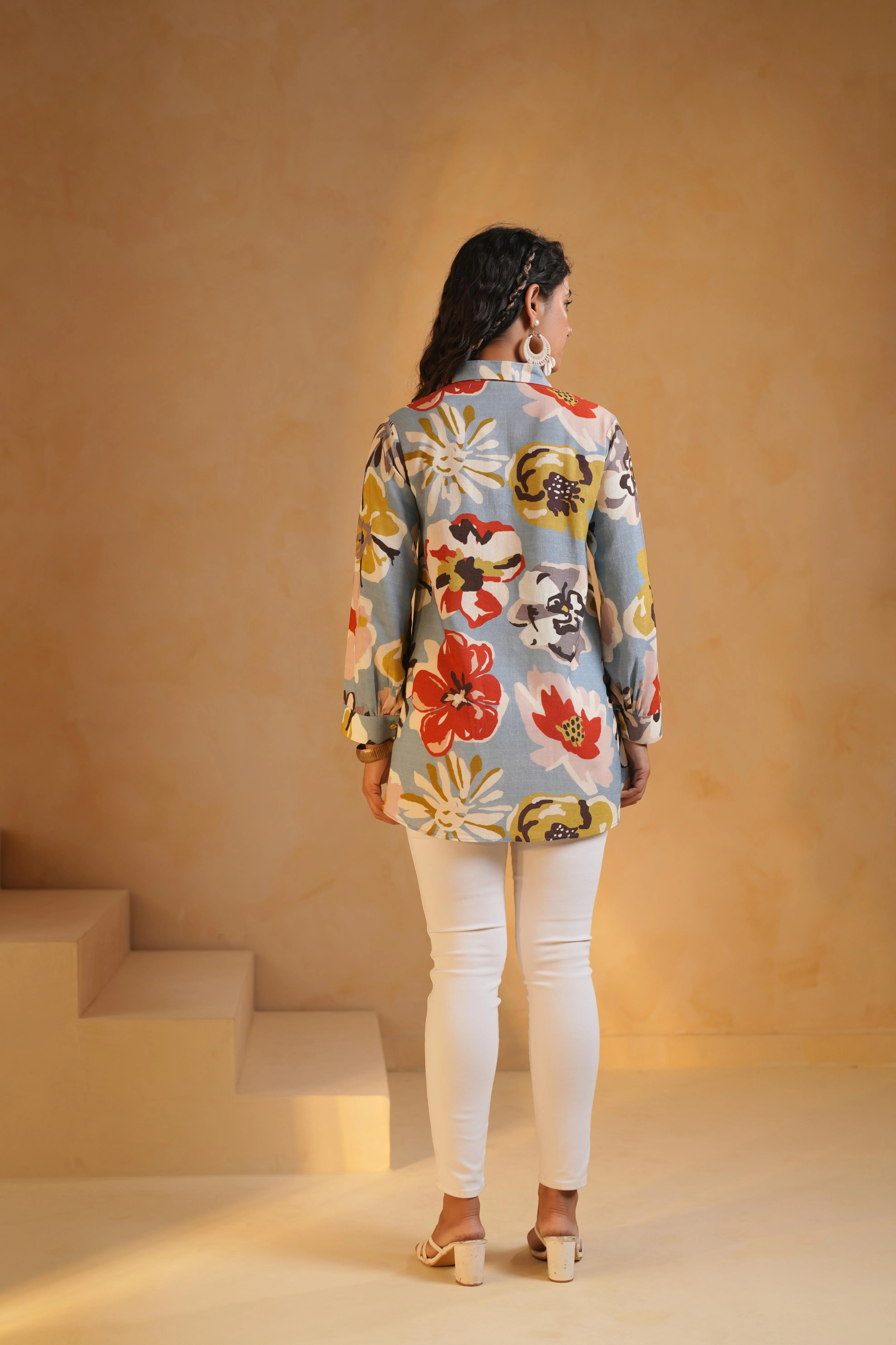Dusty Blue Printed Linen Top - Image 4