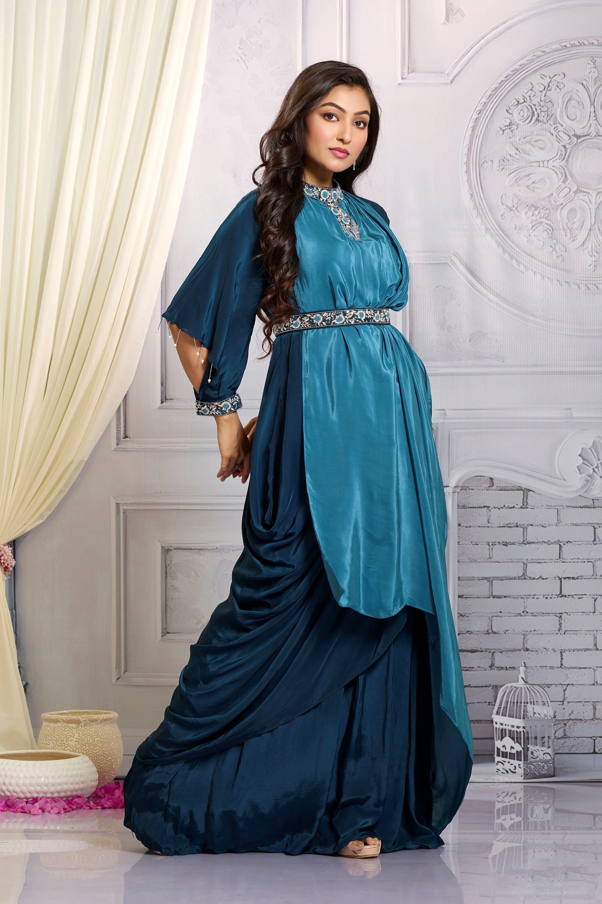 Bright Teal Embellished Chinon Silk Gown - Image 3