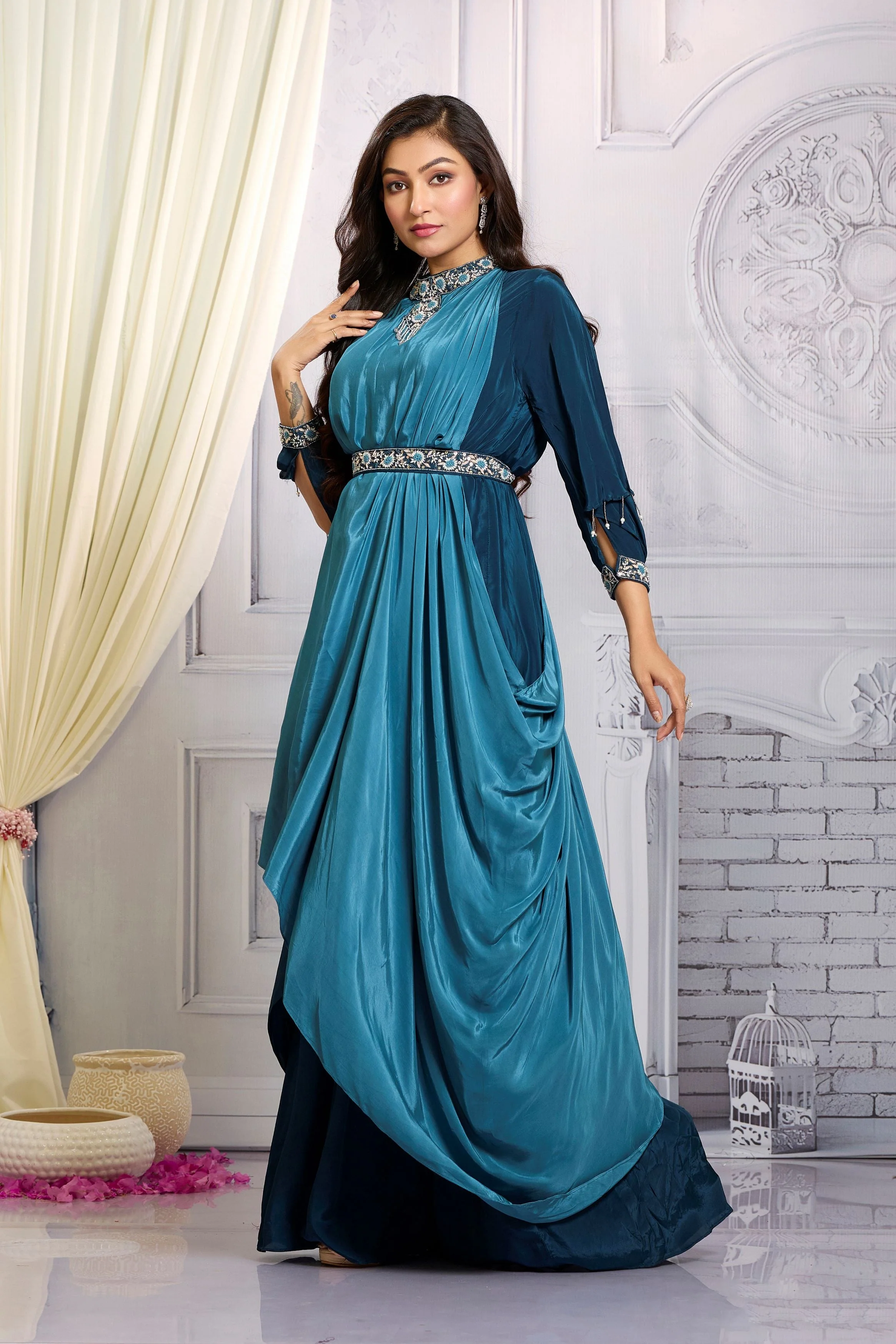 Bright Teal Embellished Chinon Silk Gown - Image 4