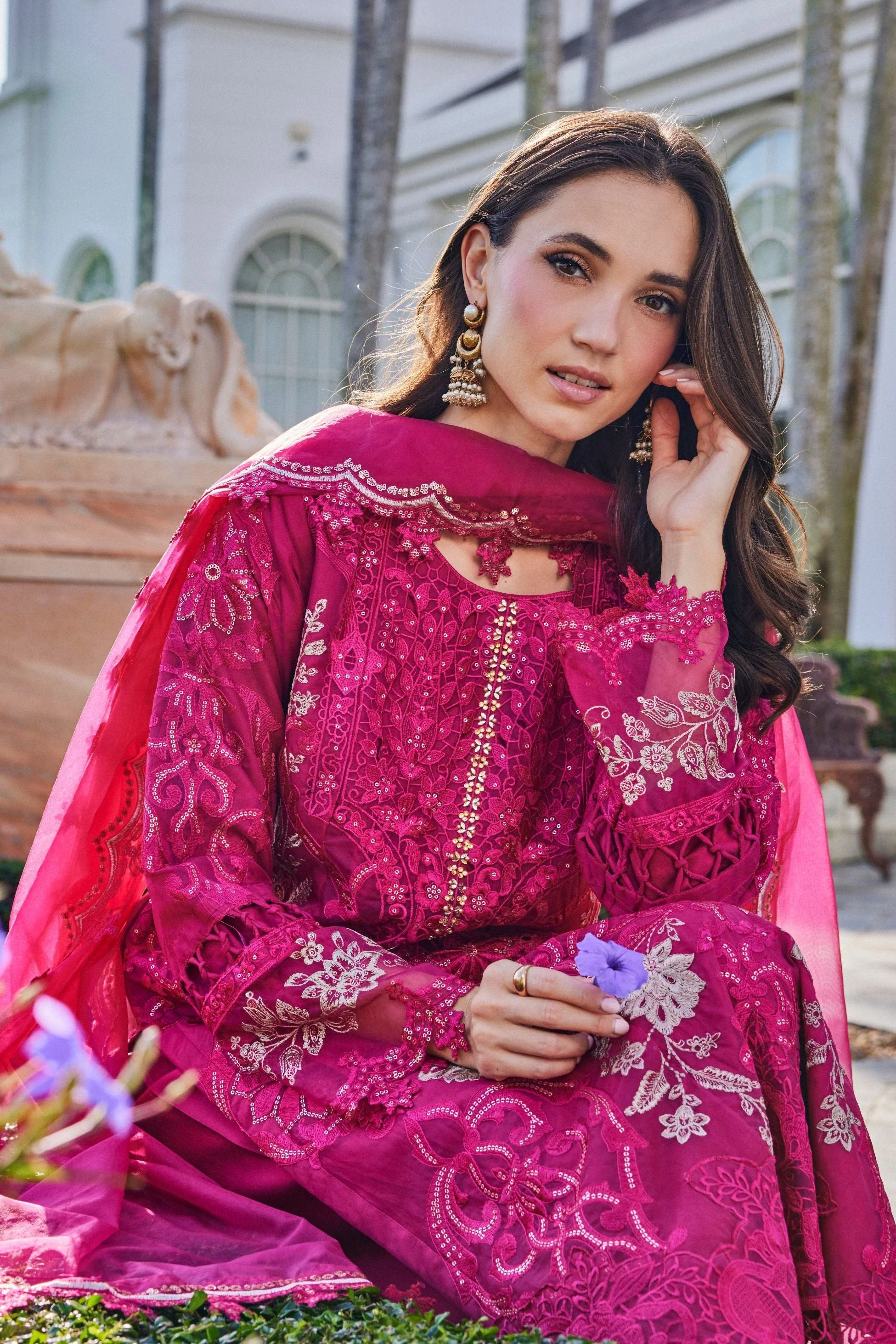 Bright Raspberry Pink Embroidered Organza Silk Pant Set - Image 2